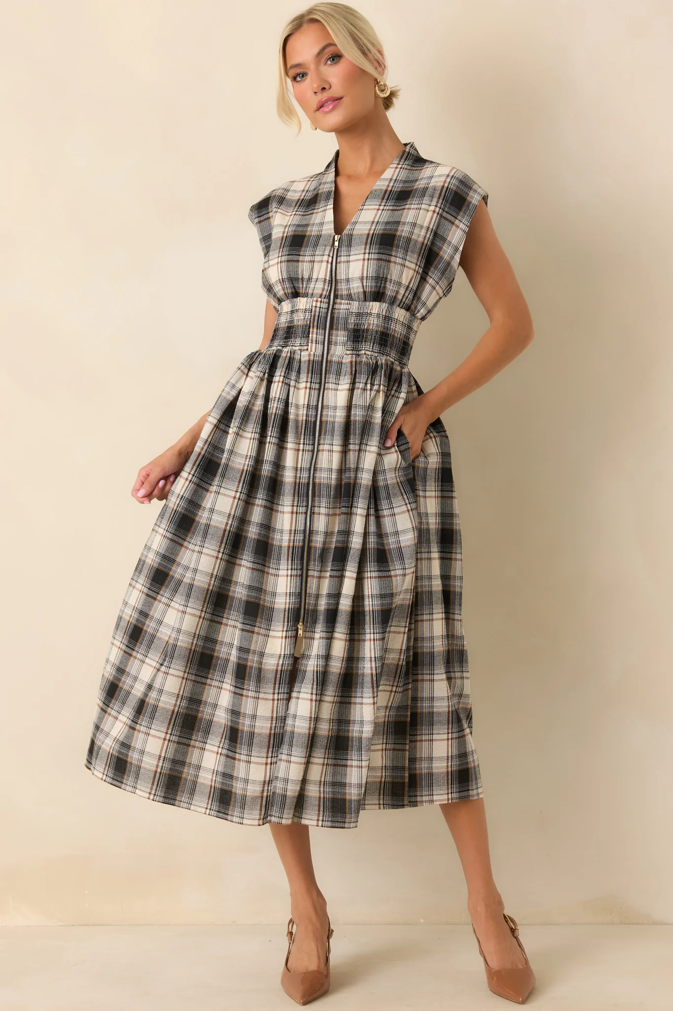 The Evette Black Tartan Plaid Cotton Zip Front Midi Dress