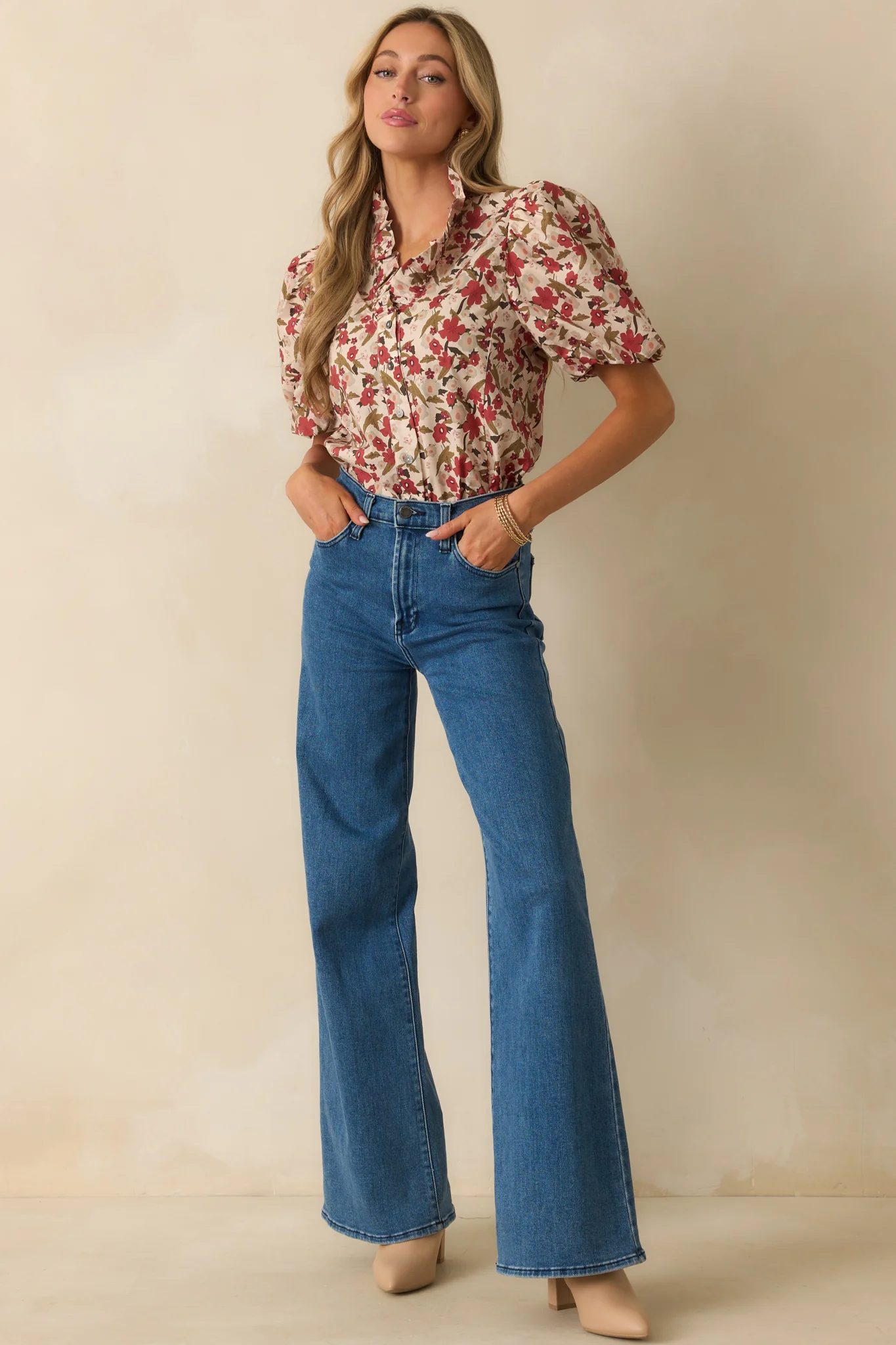 When You Know Red Multi Floral Print Cotton Puff Sleeve Top