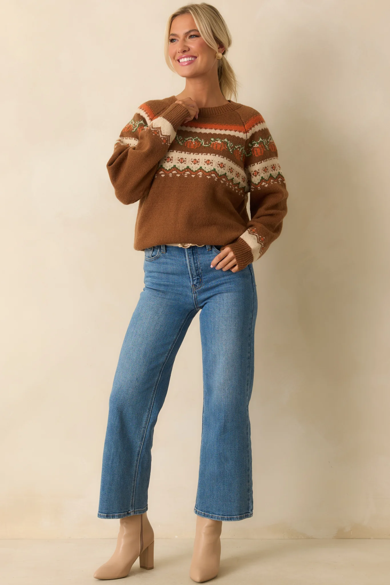 Brown Pumpkin Fair Isle Knit Sweater