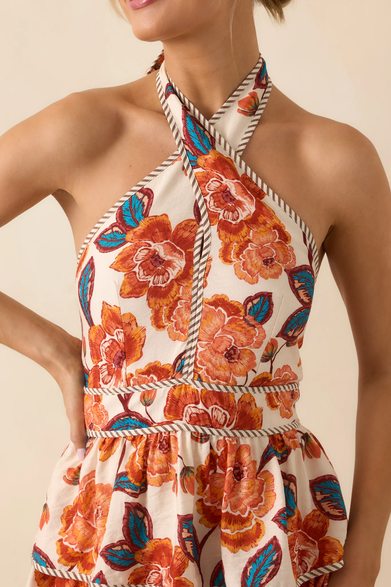 A Little Brighter Orange Floral Print Criss Cross Halter Maxi Dress