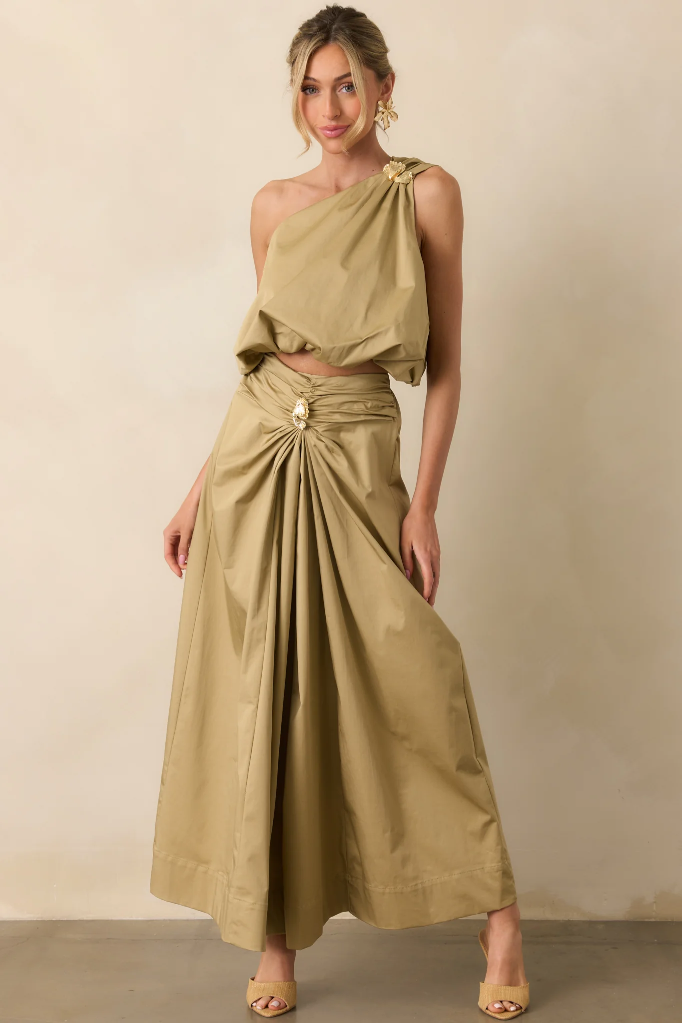 Get My Good Side Tan One Shoulder Bubble Hem Crop Top