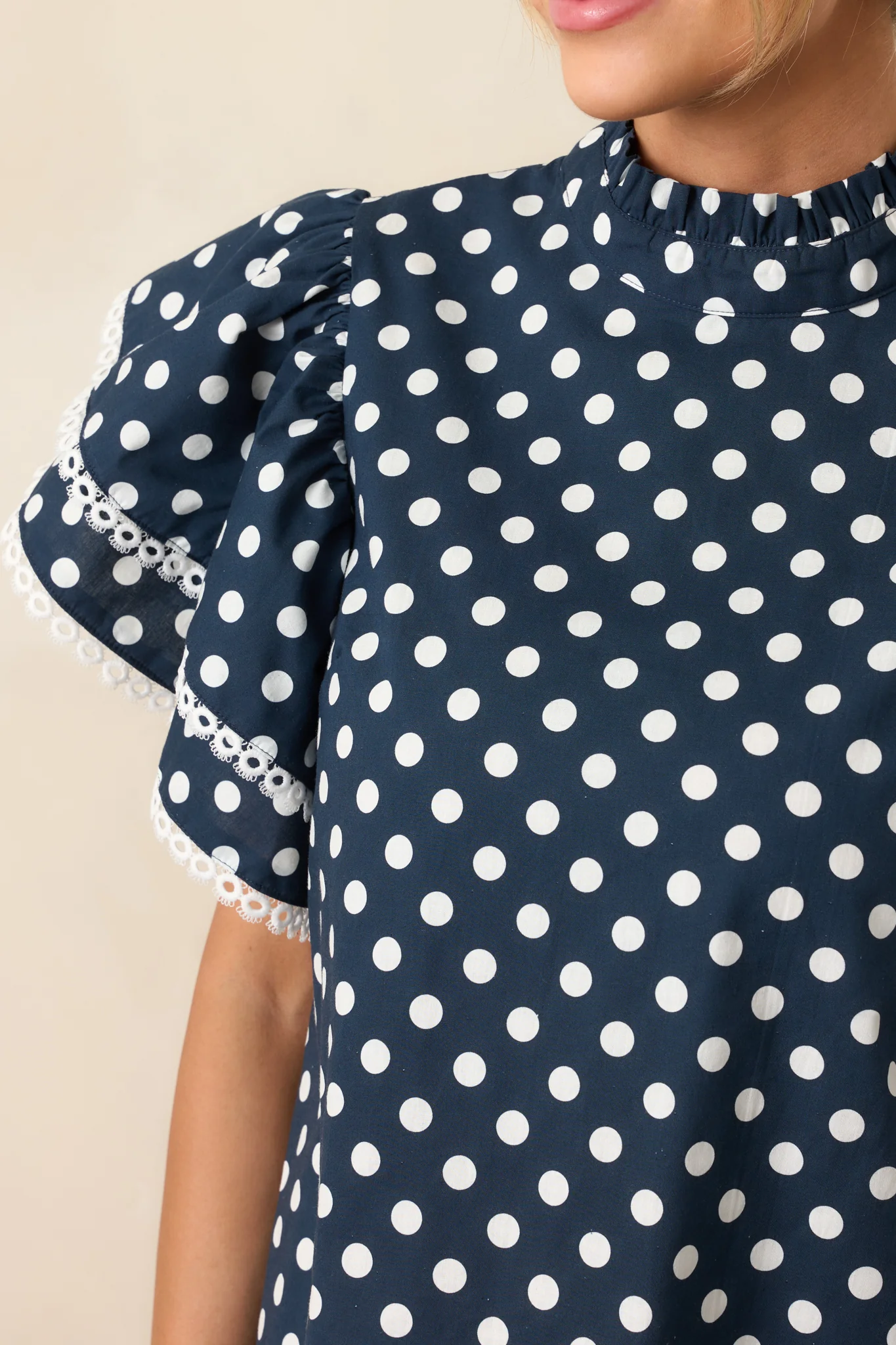 Prosperina Blair Navy Polka Dot Cotton Ruffle Top