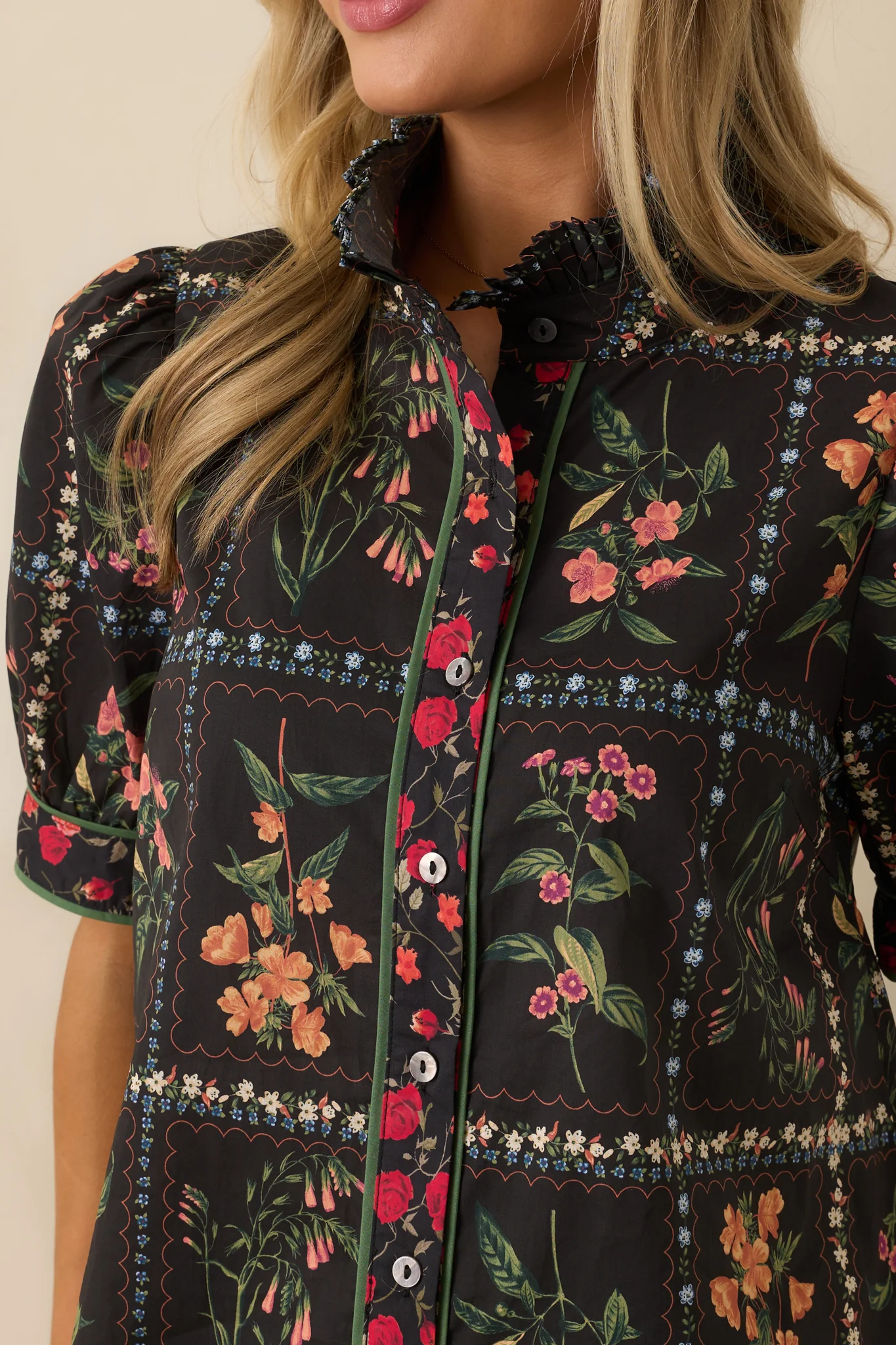 Full Of Light Black Multi Floral Print Cotton Button Up Top