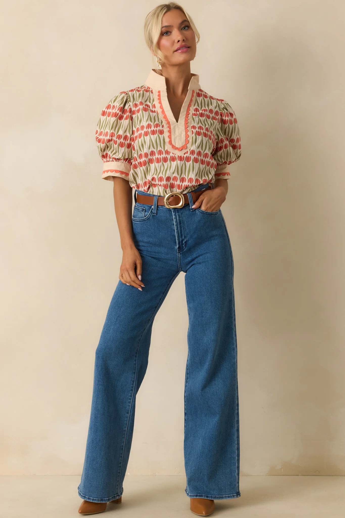 She’s Got Time Ivory Tulip Floral Print Cotton Puff Sleeve Top