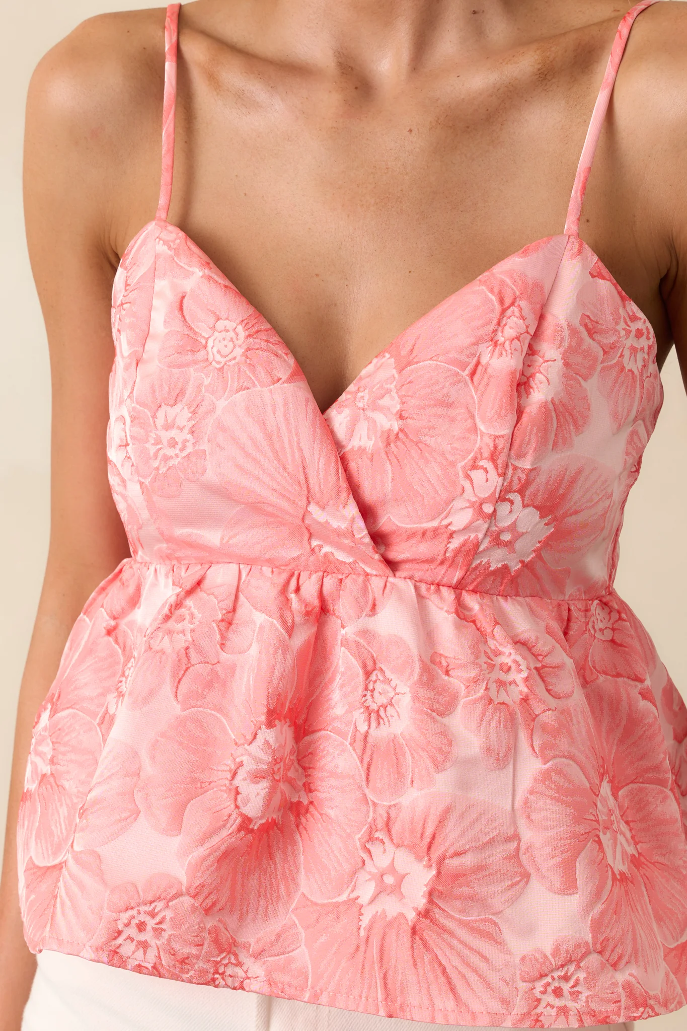 Sunlit Stroll Pink Coral Floral Jacquard Peplum Top