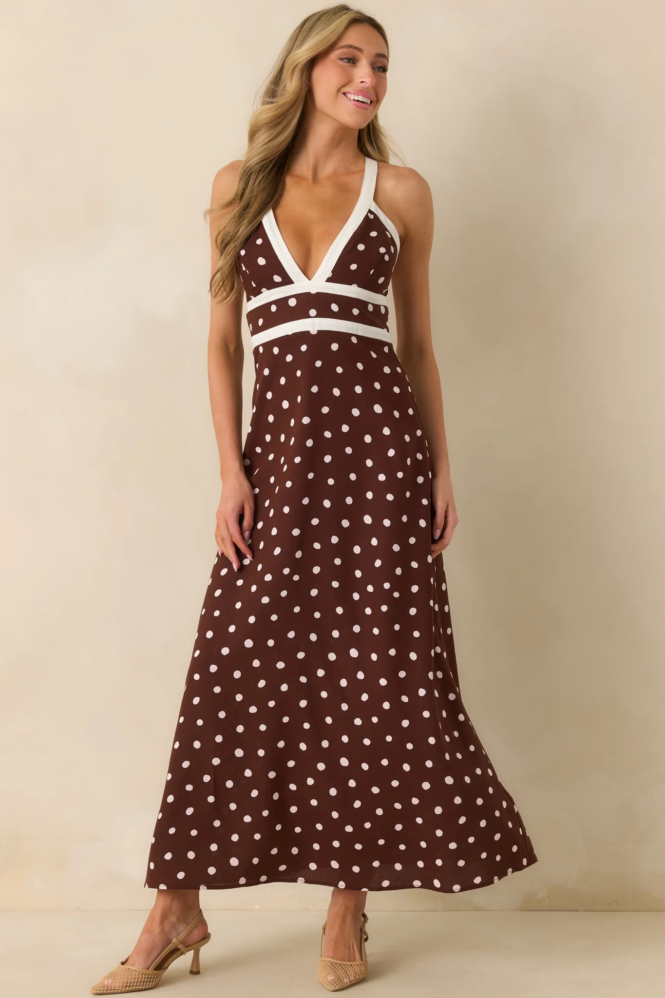 MINKPINK Chocolate Brown Polka Dot Cedar Spot Cross Back Maxi Dress