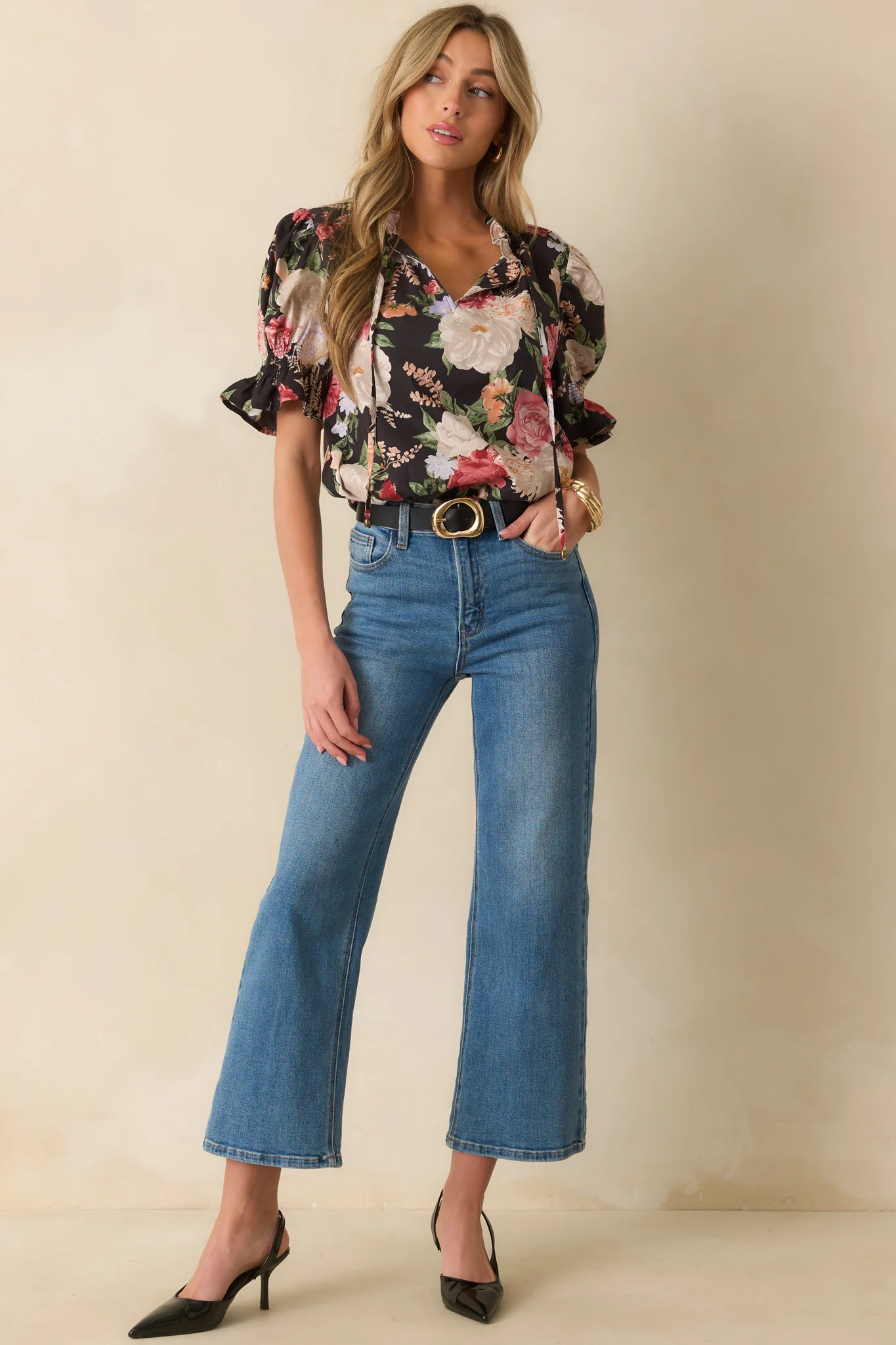 Black Multi Floral Print Cotton Puff Sleeve Top