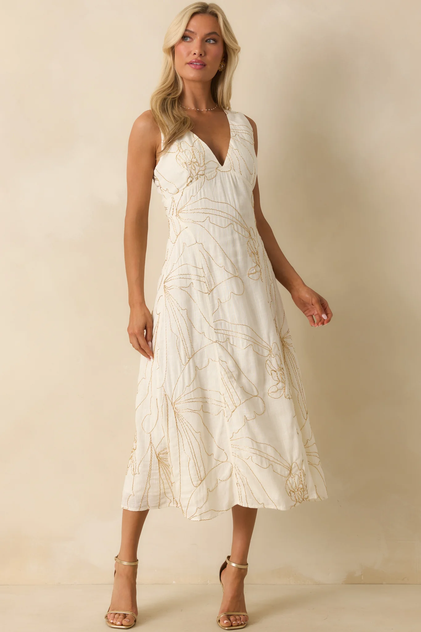 To Be Clear Ivory Gold Bead Embroidered Floral Print Midi Dress