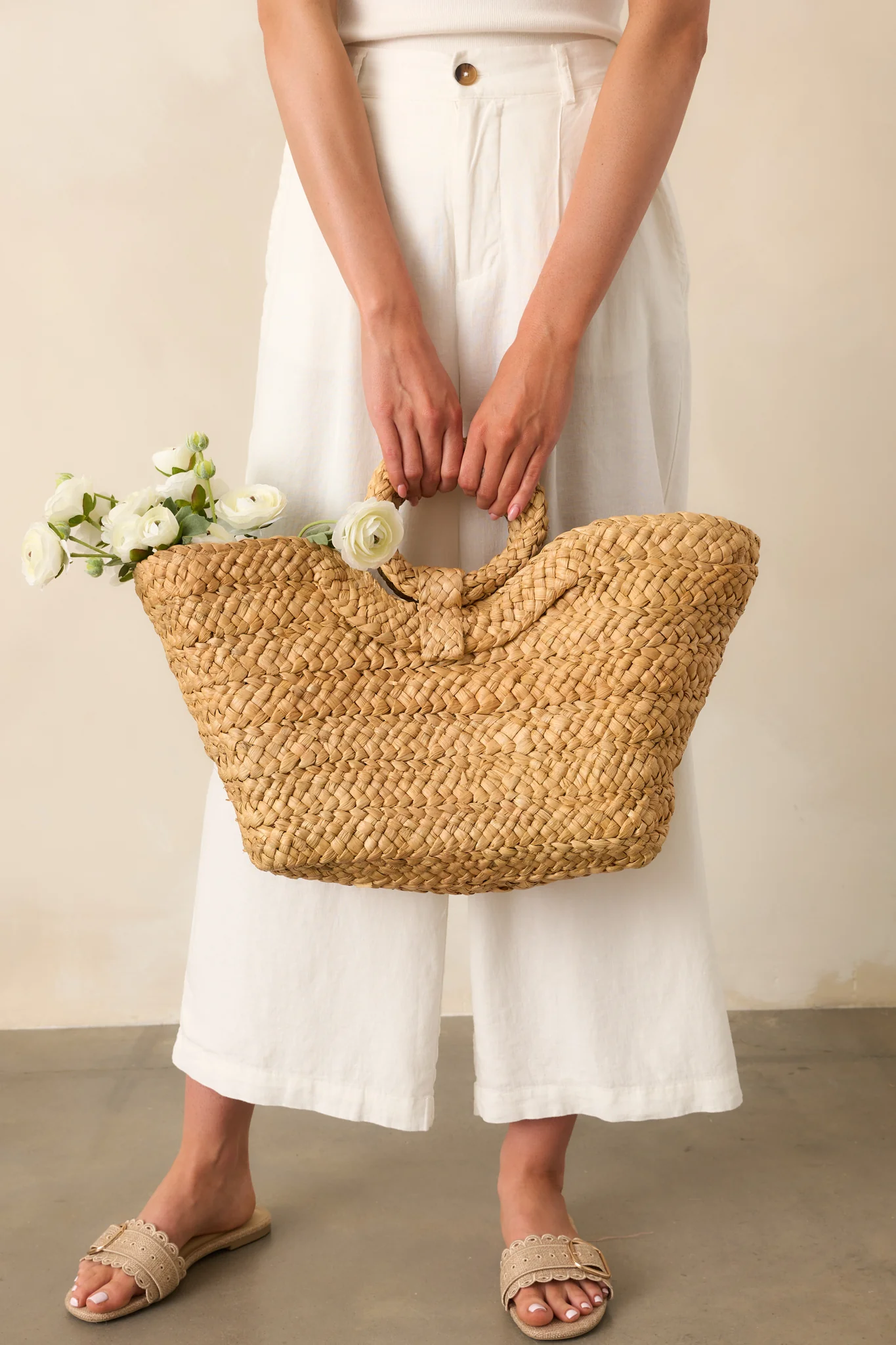 Stop And Smell The Roses Tan Raffia Woven Tote Handbag