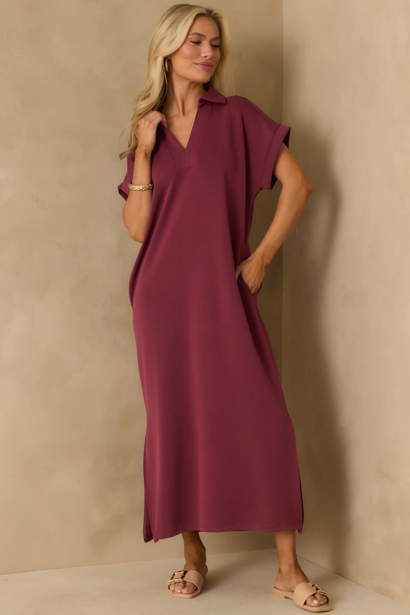 Made The Right Call Burgundy Collared Midi T-Shirt Dress