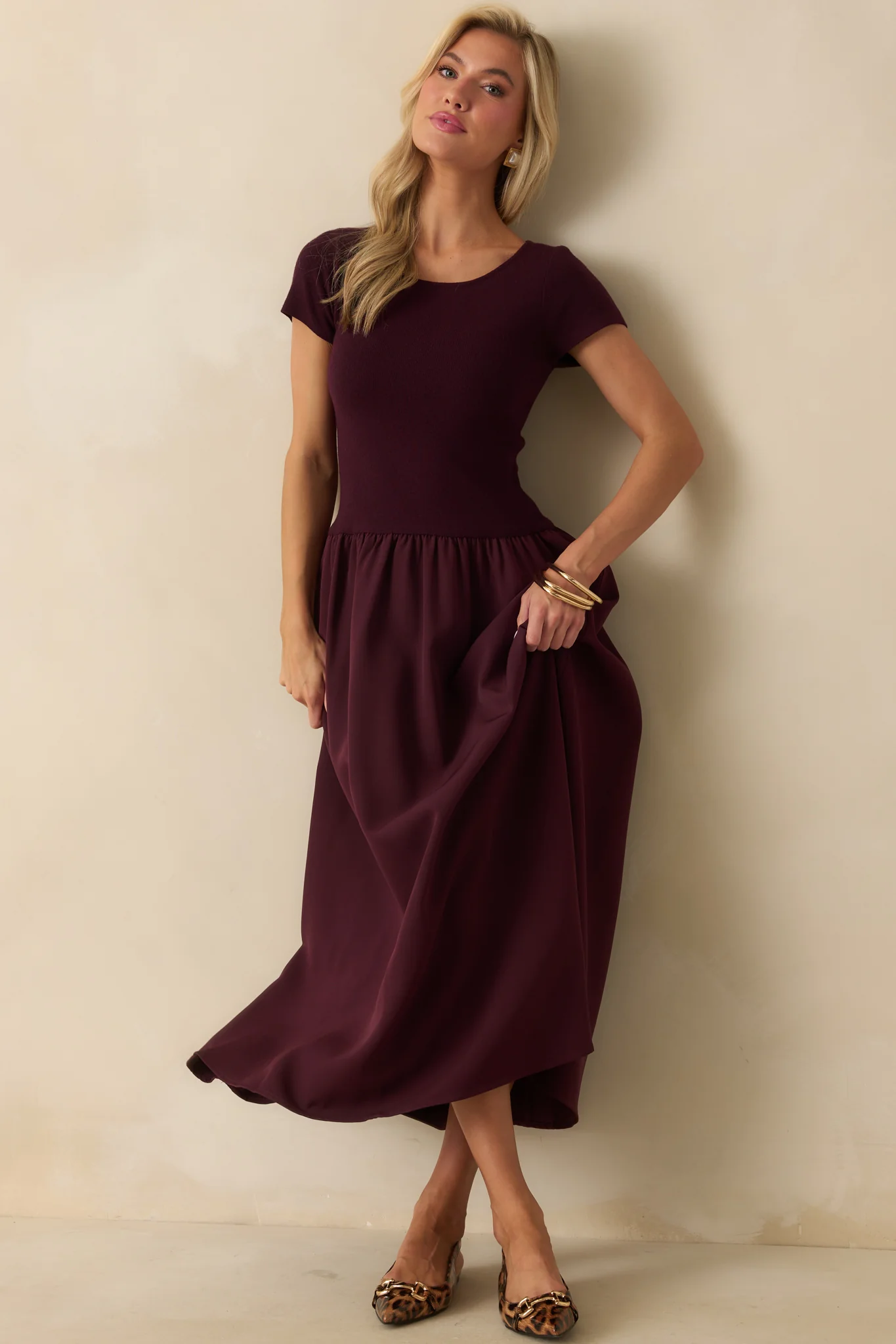All Is Well Wine Red Ribbed Knit Bodice Short Sleeve Maxi Dress