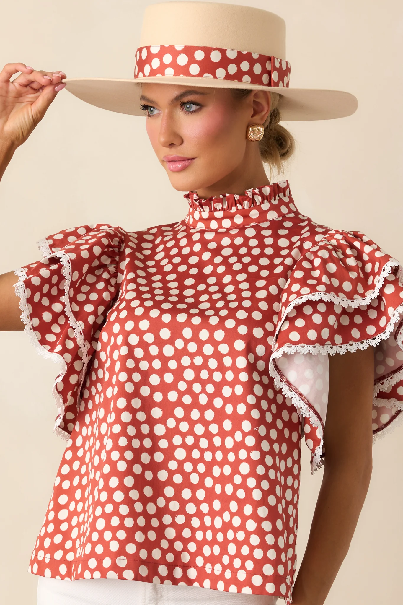 Prosperina Blair Brick Red Polka Dot Cotton Ruffle Top