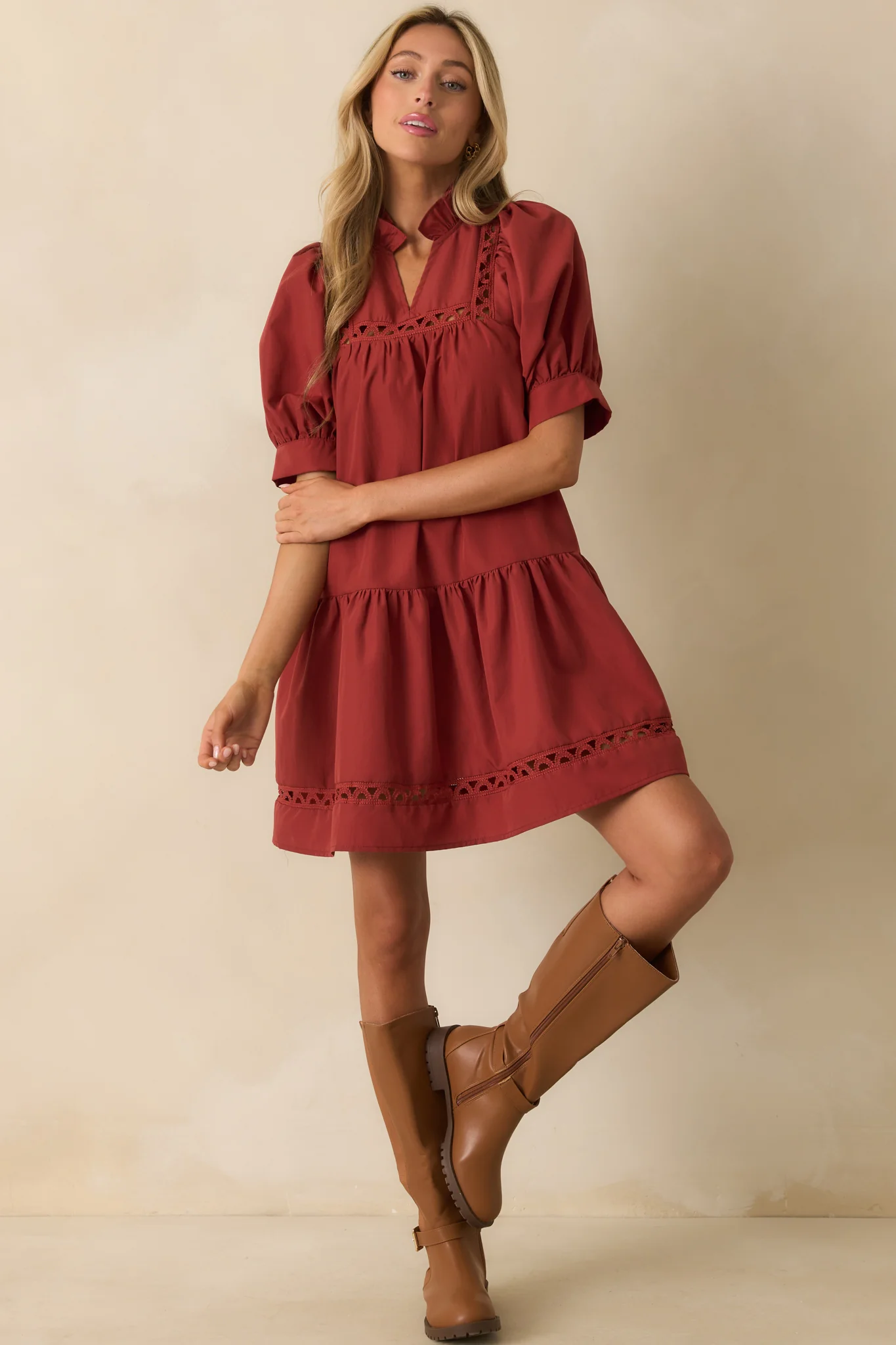 Feels Just Right Brick Red Puff Sleeve Embroidered Eyelet Mini Dress
