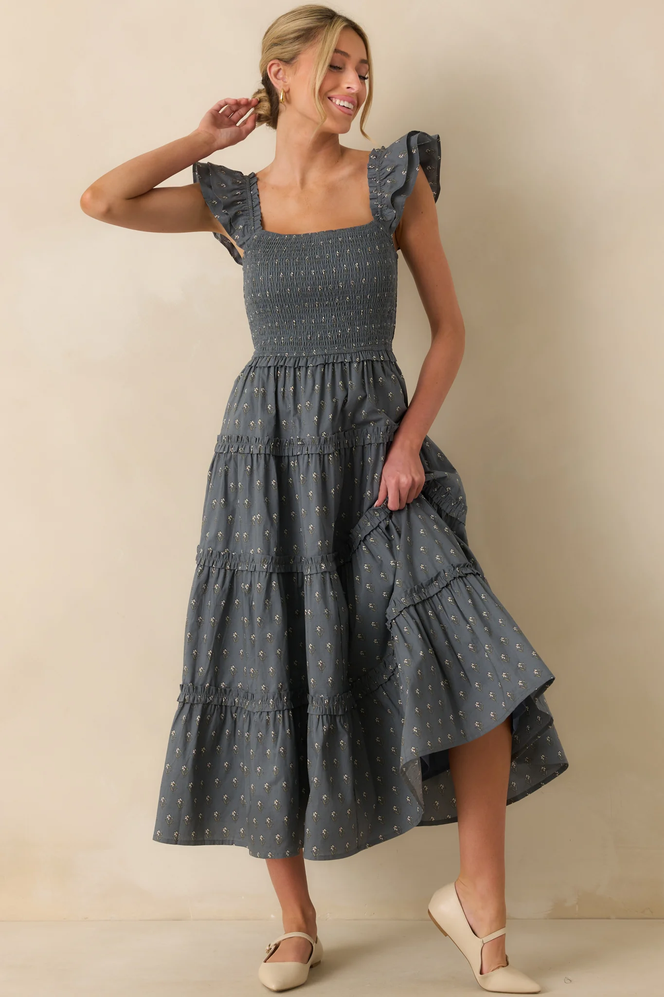 Wildflower Wish Slate Blue Multi Floral Print Cotton Midi Dress