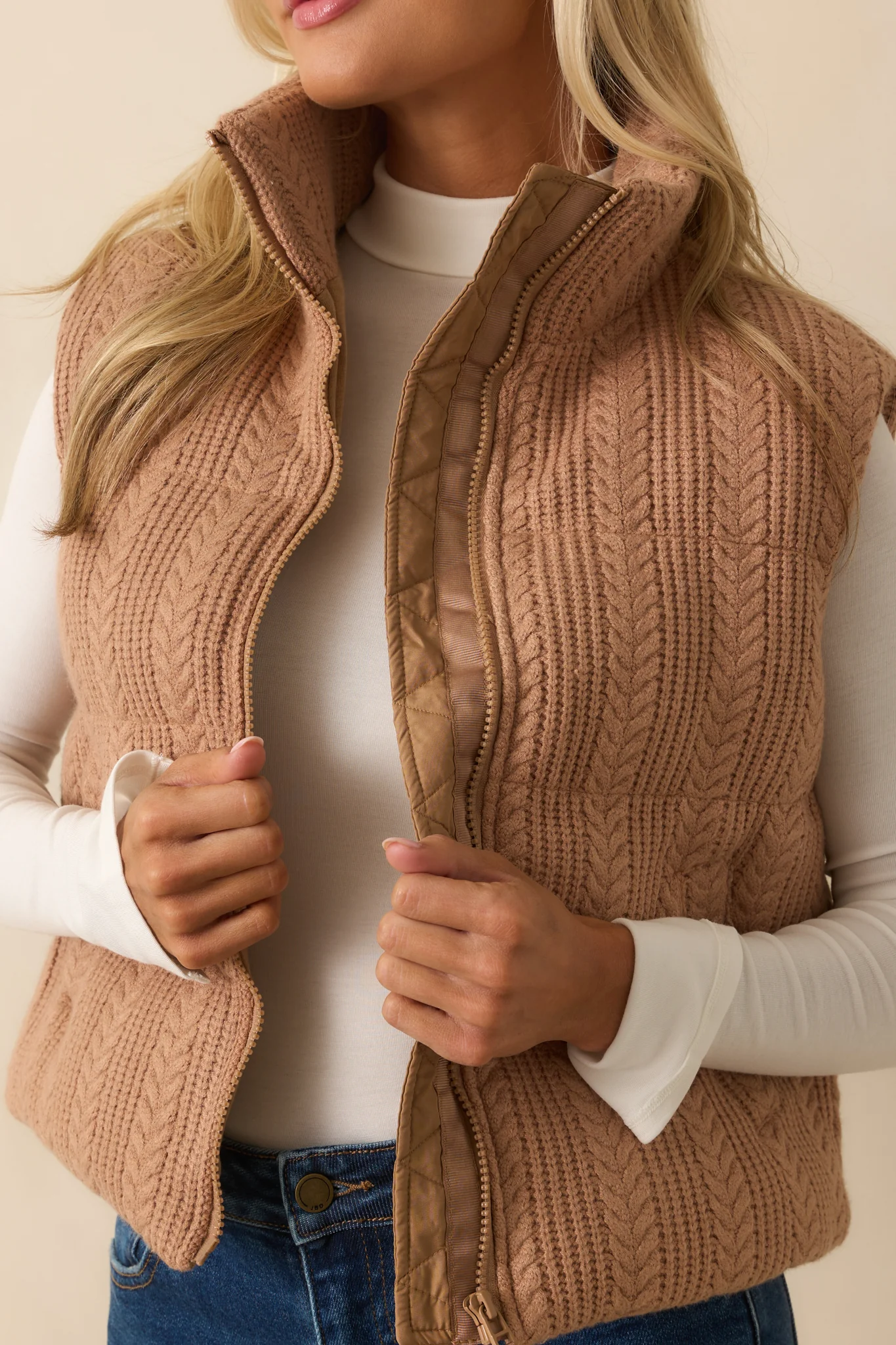 Thread & Supply Stormi Camel Brown Cable Knit Puffer Vest