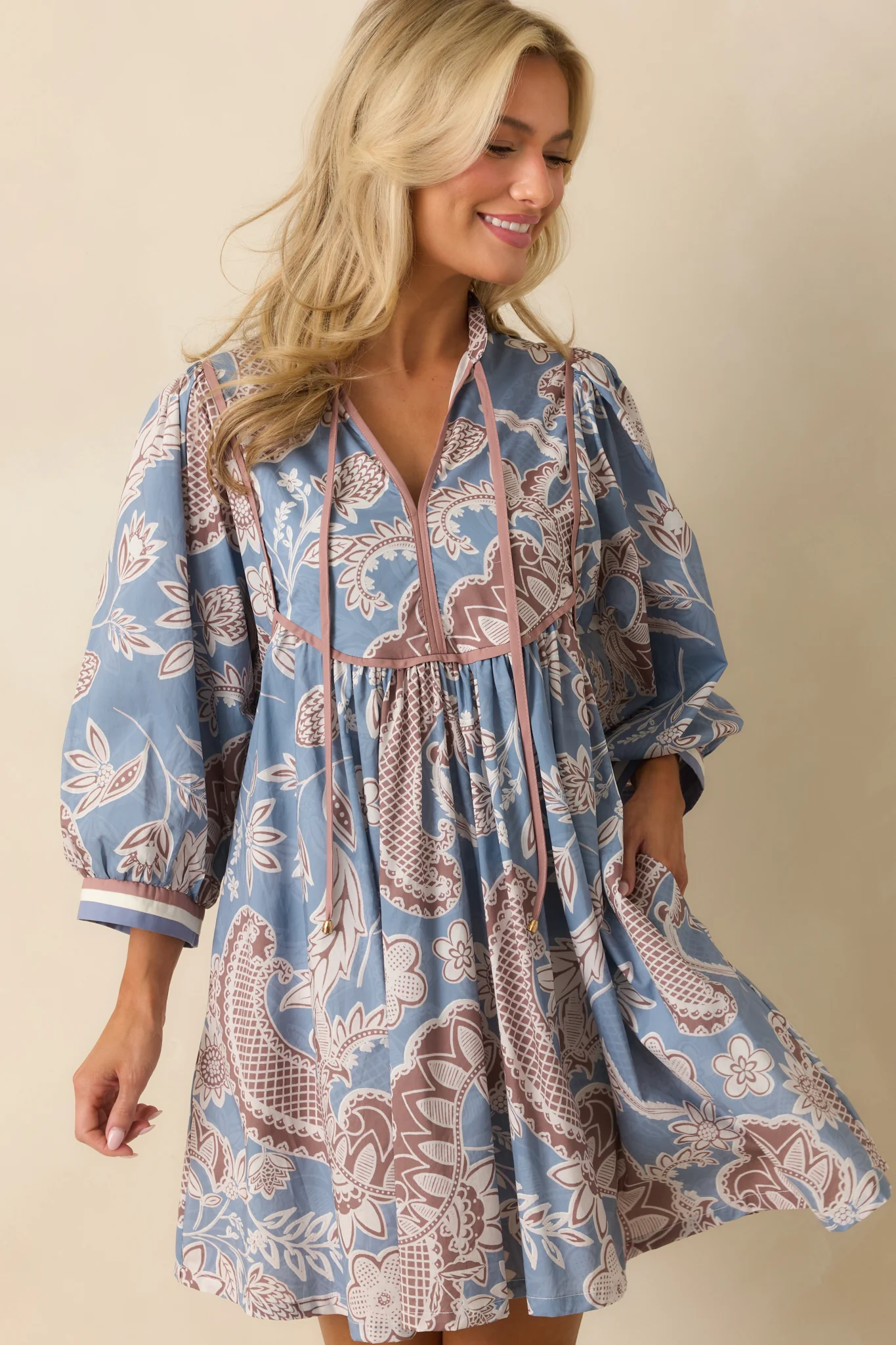 Crisp Morning Air Ash Blue Floral Cotton Quarter Sleeve Mini Dress