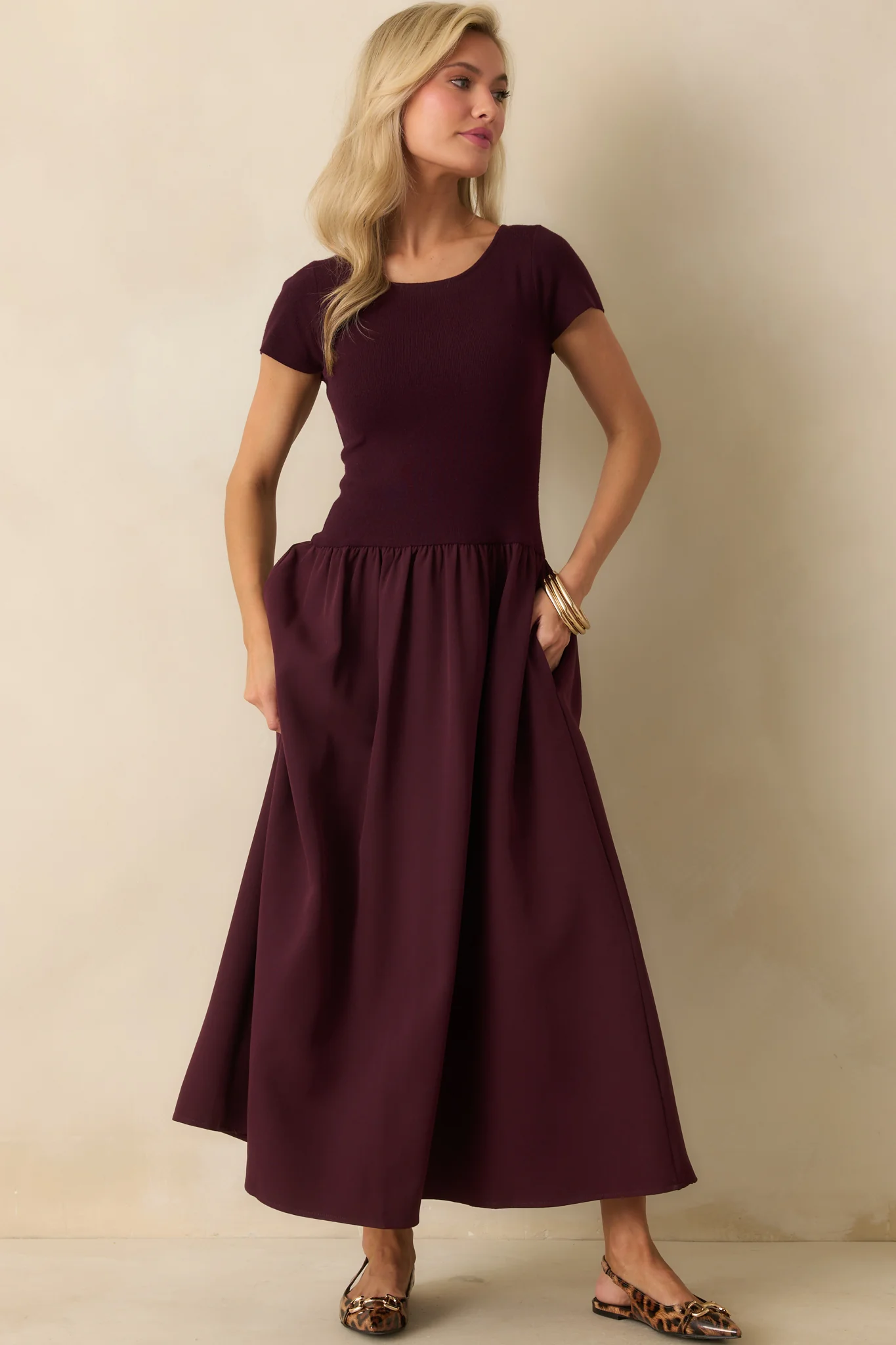 All Is Well Wine Red Ribbed Knit Bodice Short Sleeve Maxi Dress