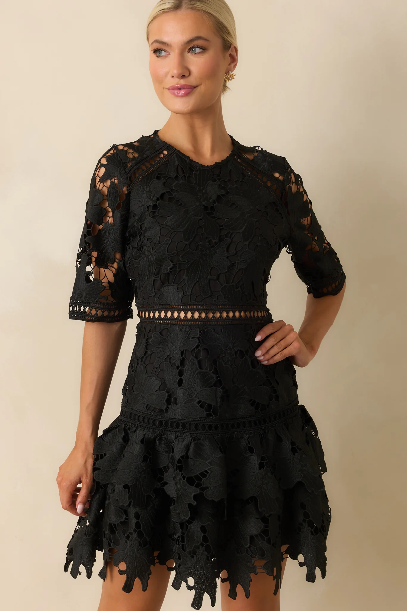 No Compromise Black Floral Guipure Lace Scallop Hem Mini Dress