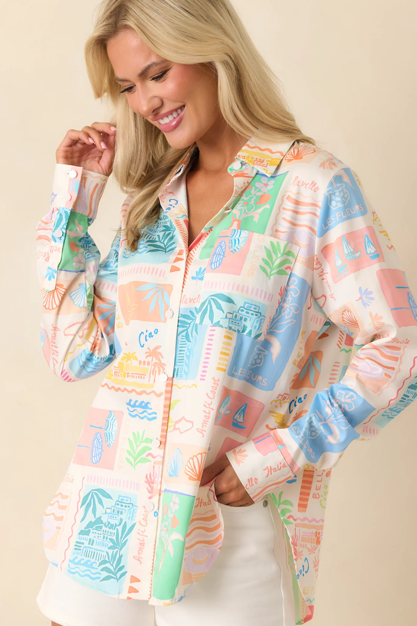 Prosperina Paula Multi Print Cotton Button Front Top