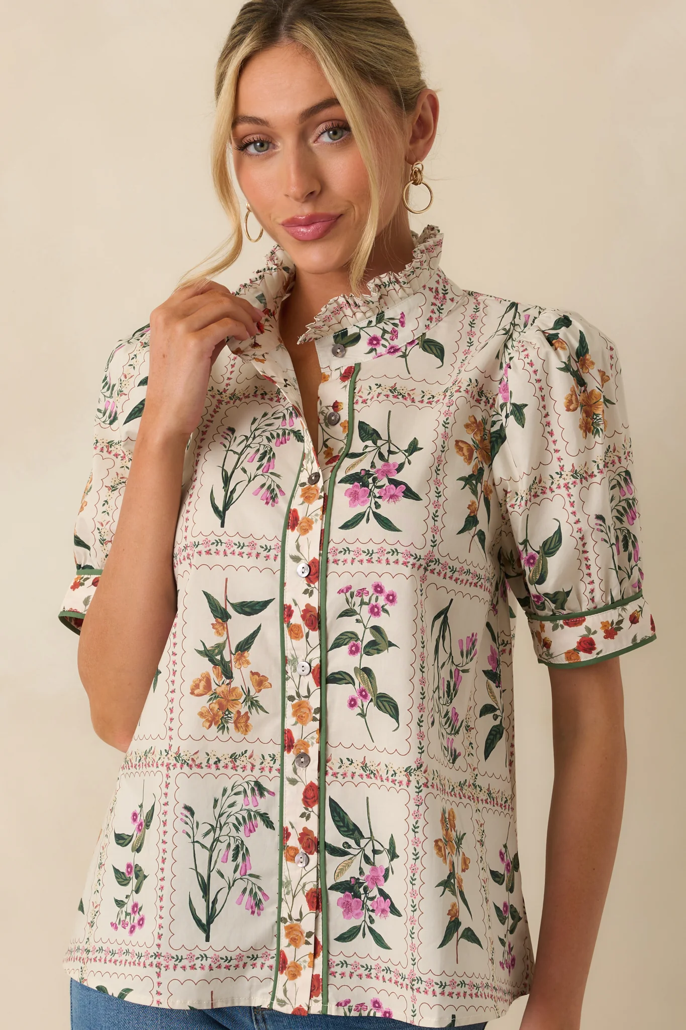 Full Of Light Ivory Multi Floral Print Cotton Button Up Top