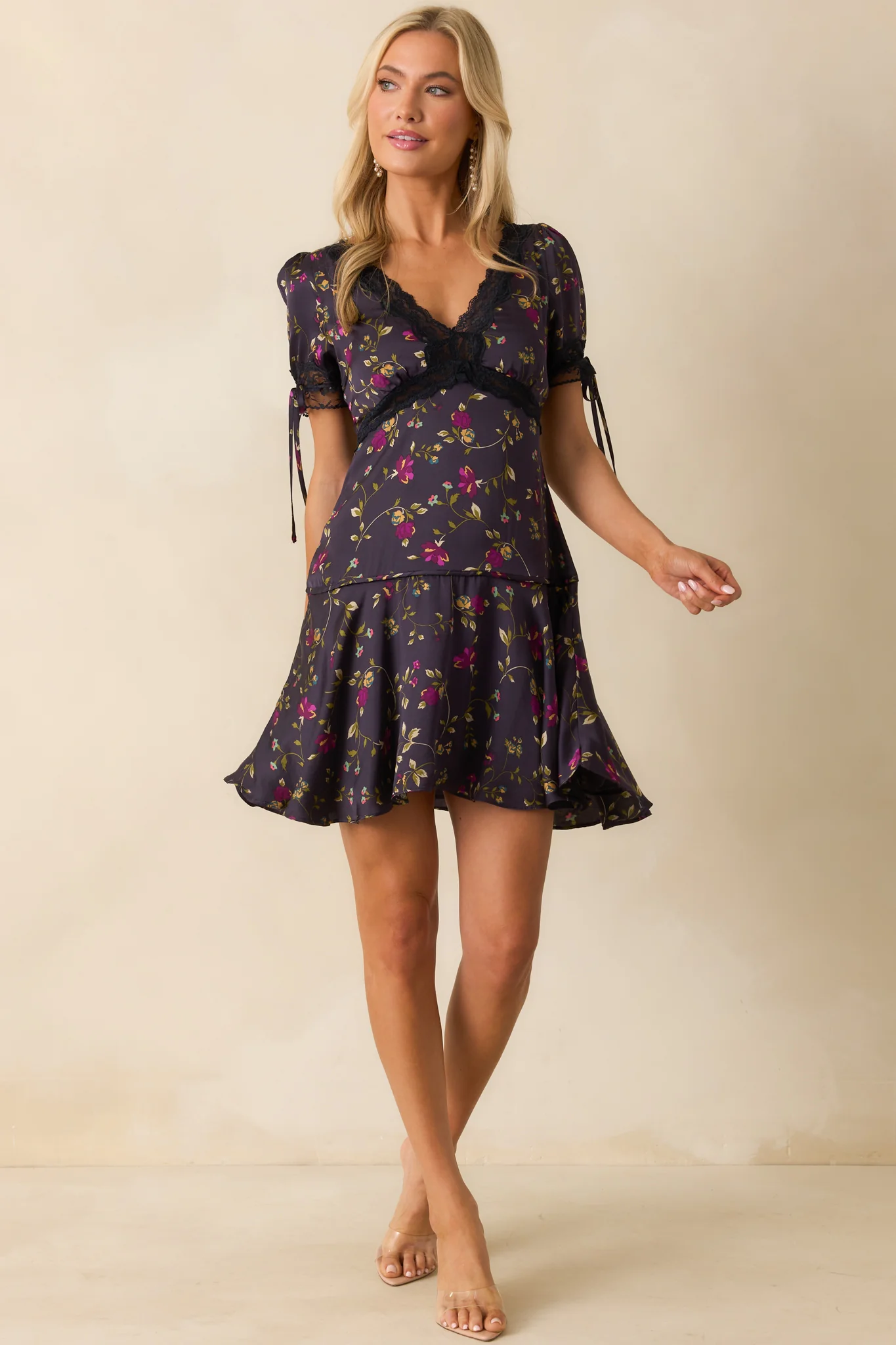 Every Little Detail Dark Indigo Multi Floral Print Satin Lace Mini Dress