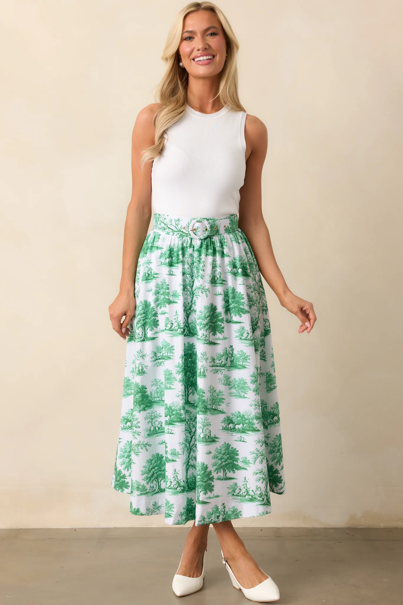 Thena Eden Green Toile Cotton Belted Midi Skirt