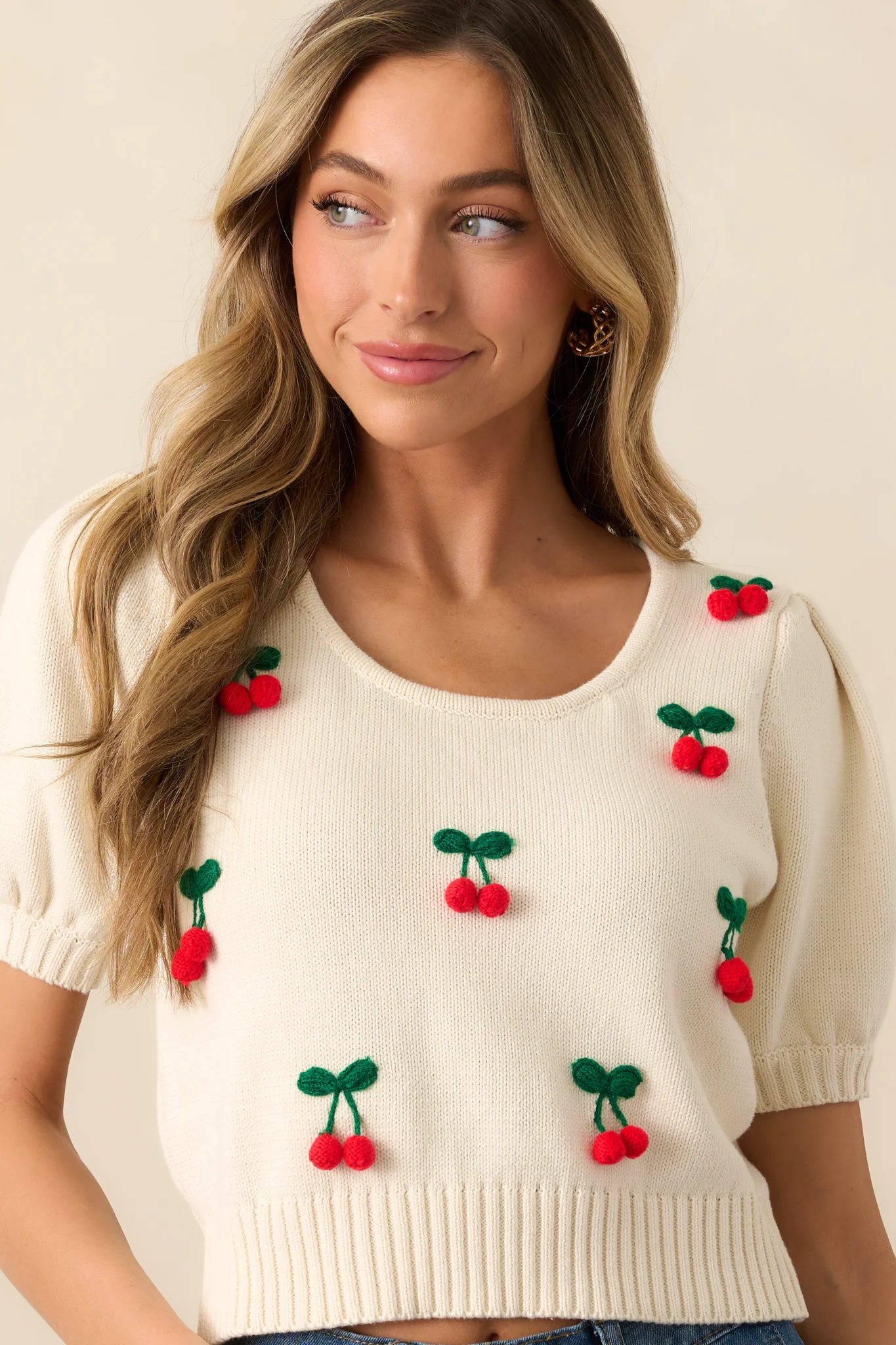 As The Story Unfolds Ivory Cherry Embroidered Knit Top