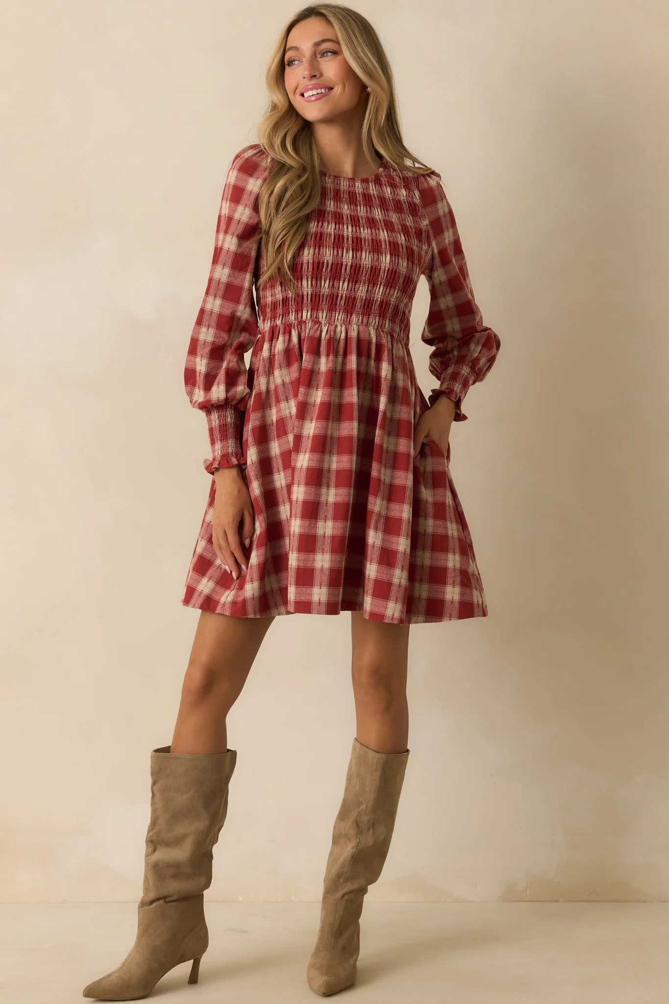 By All Means Brick Red Gingham Cotton Long Sleeve Mini Dress