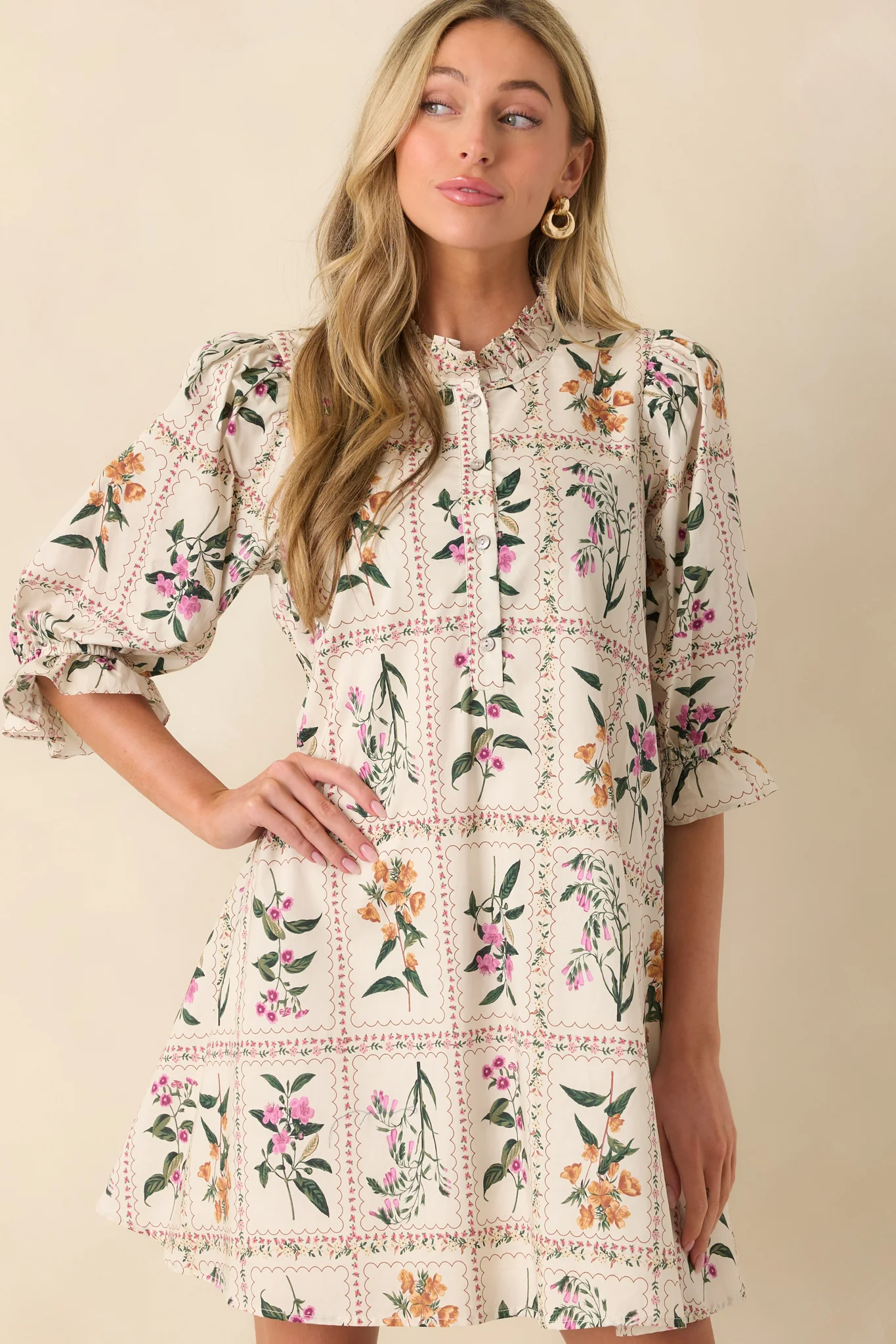 Do It Just For You Ivory Multi Floral Print Cotton Mini Dress