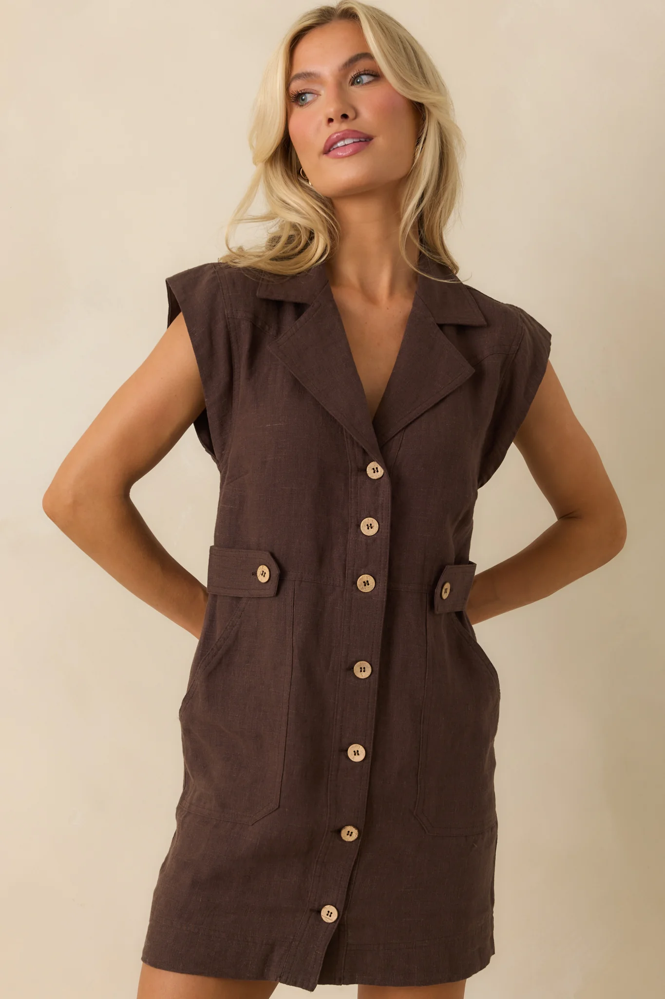 Never A Bad Day Dark Brown Linen Button Front Mini Dress