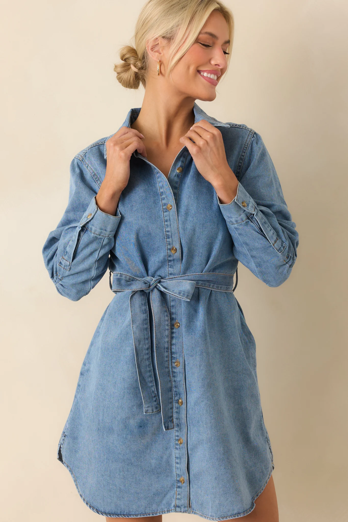 Count Me In Light Wash Cotton Denim Long Sleeve Mini Dress