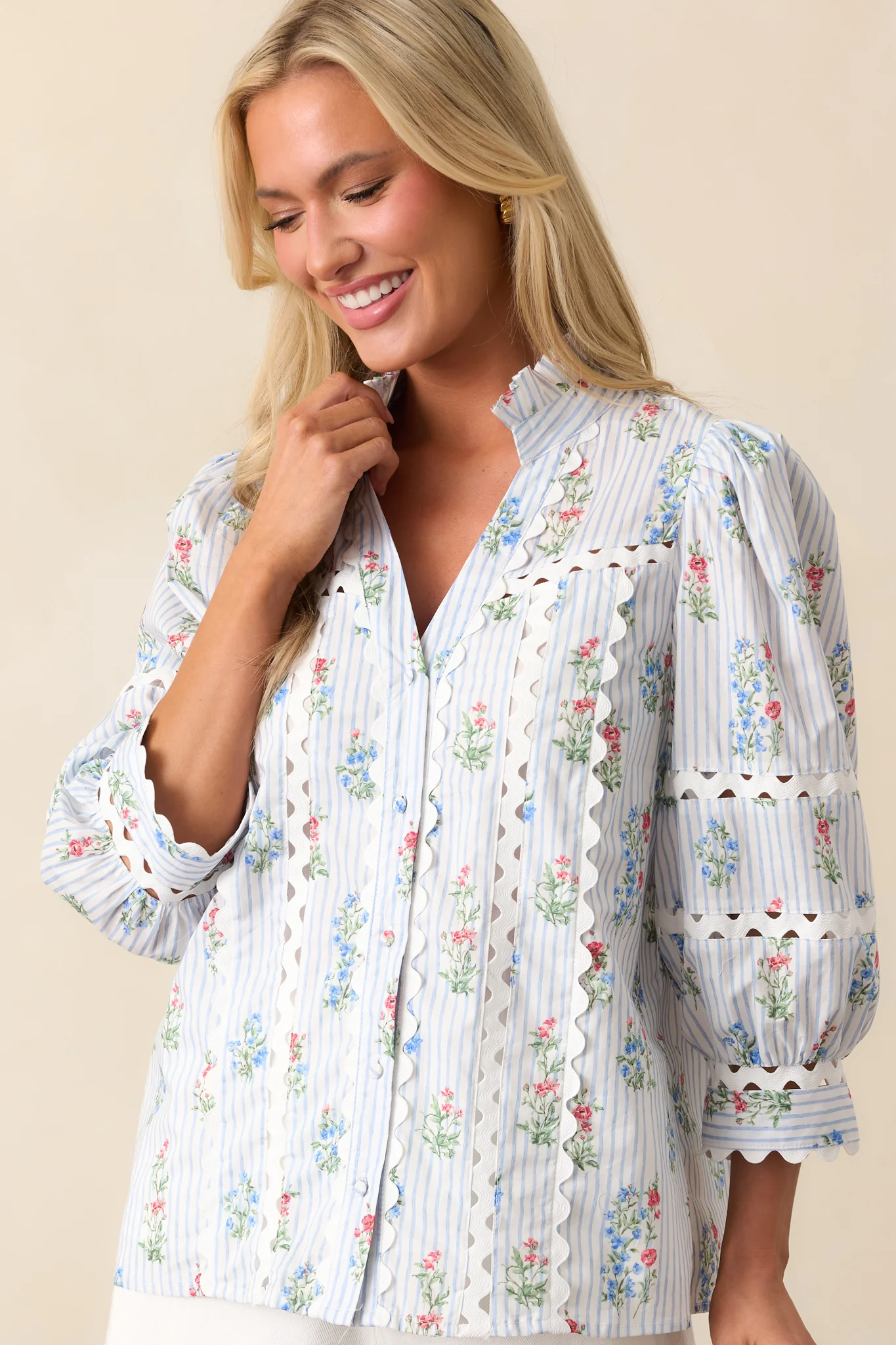 For Keeps Light Blue Stripe Floral Cotton Button Front Top