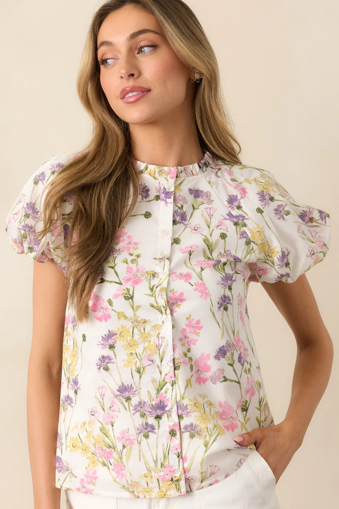 Peaceful Moments Ivory Floral Cotton Puff Sleeve Button Front Top