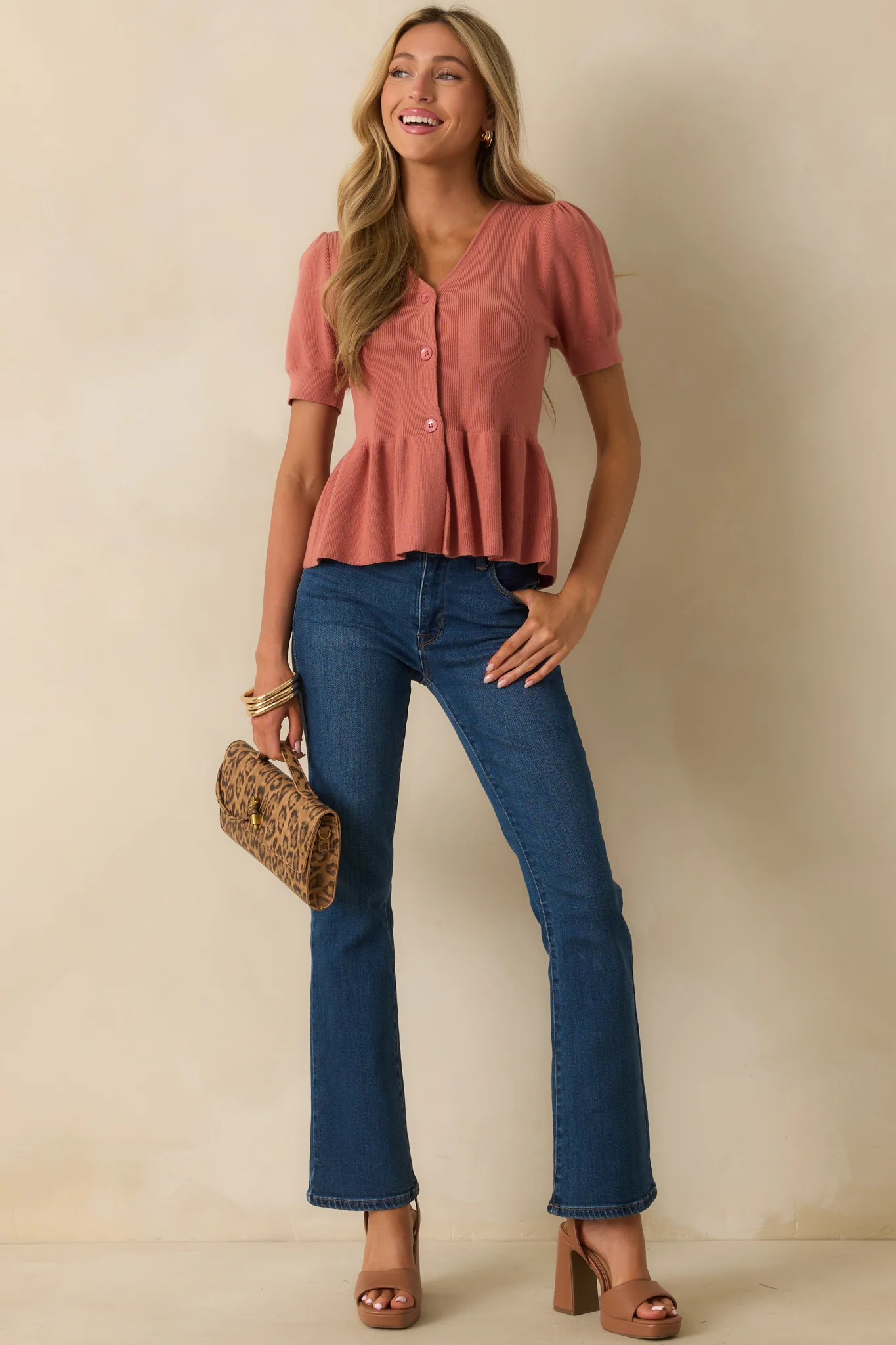 Keeping A Promise Rose Pink Knit Button Up Peplum Top