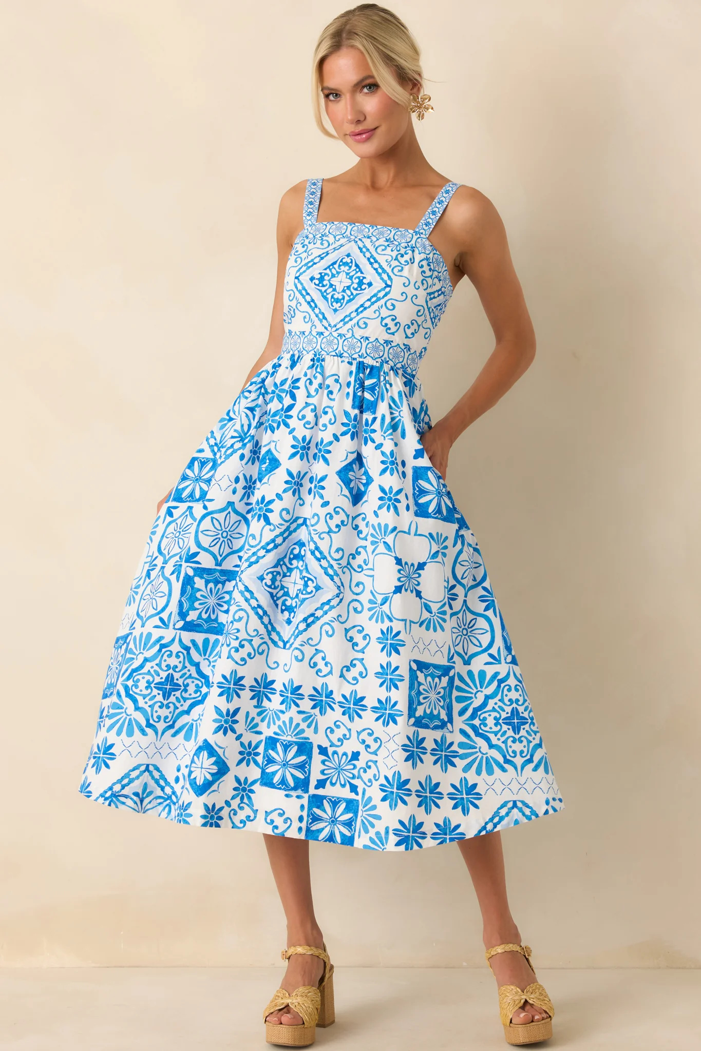 Prosperina Lydia Blue Tile Print Cotton Midi Dress