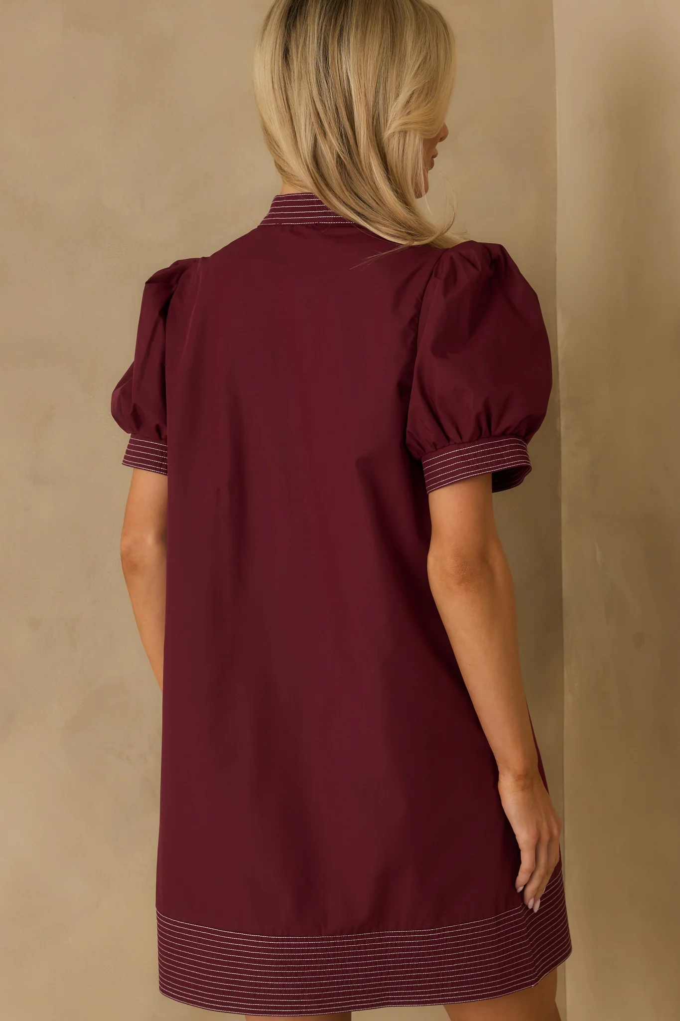 Took The Right Turn Burgundy Cotton Puff Sleeve Mini Dress
