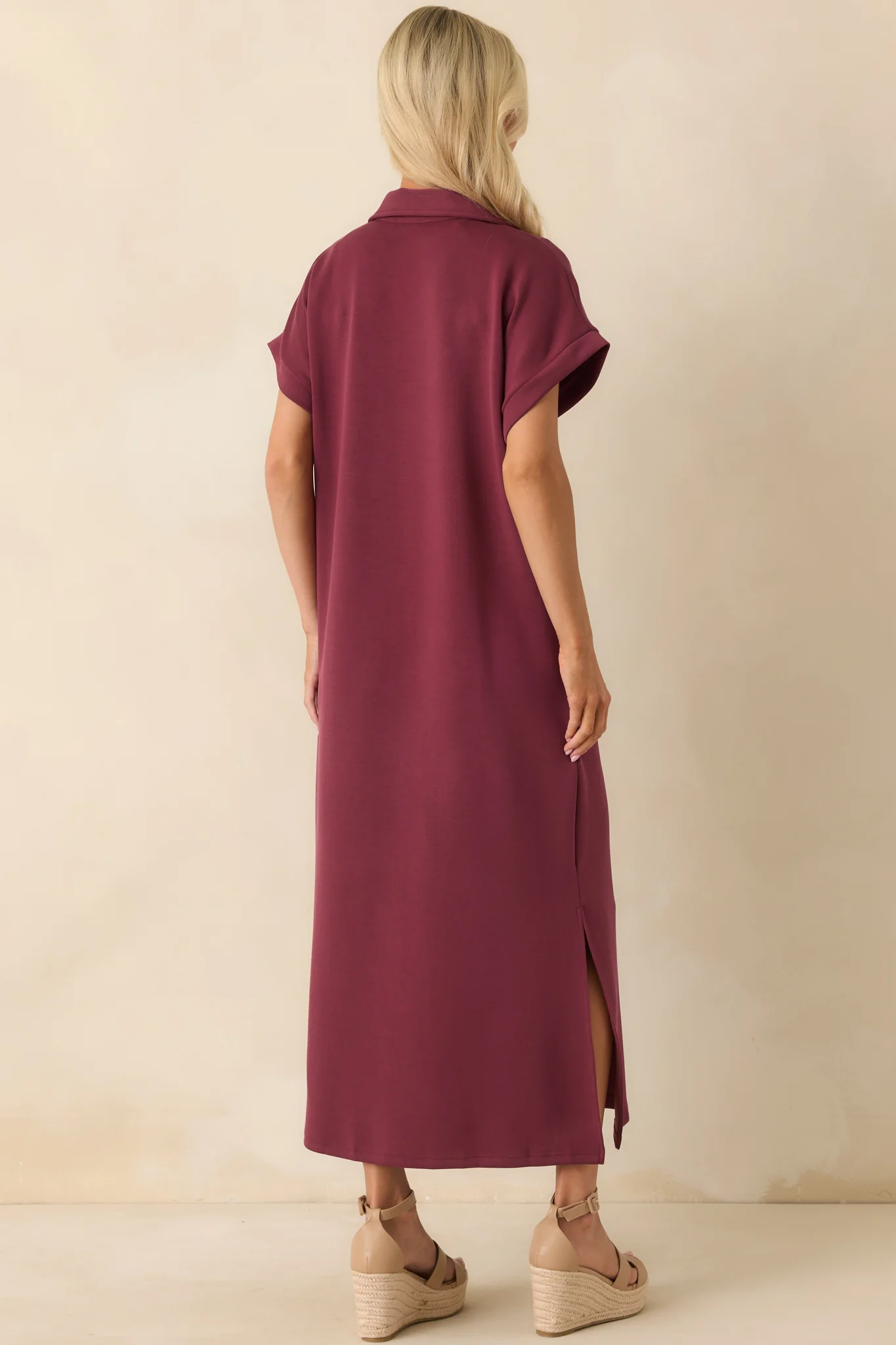 Made The Right Call Burgundy Collared Midi T-Shirt Dress