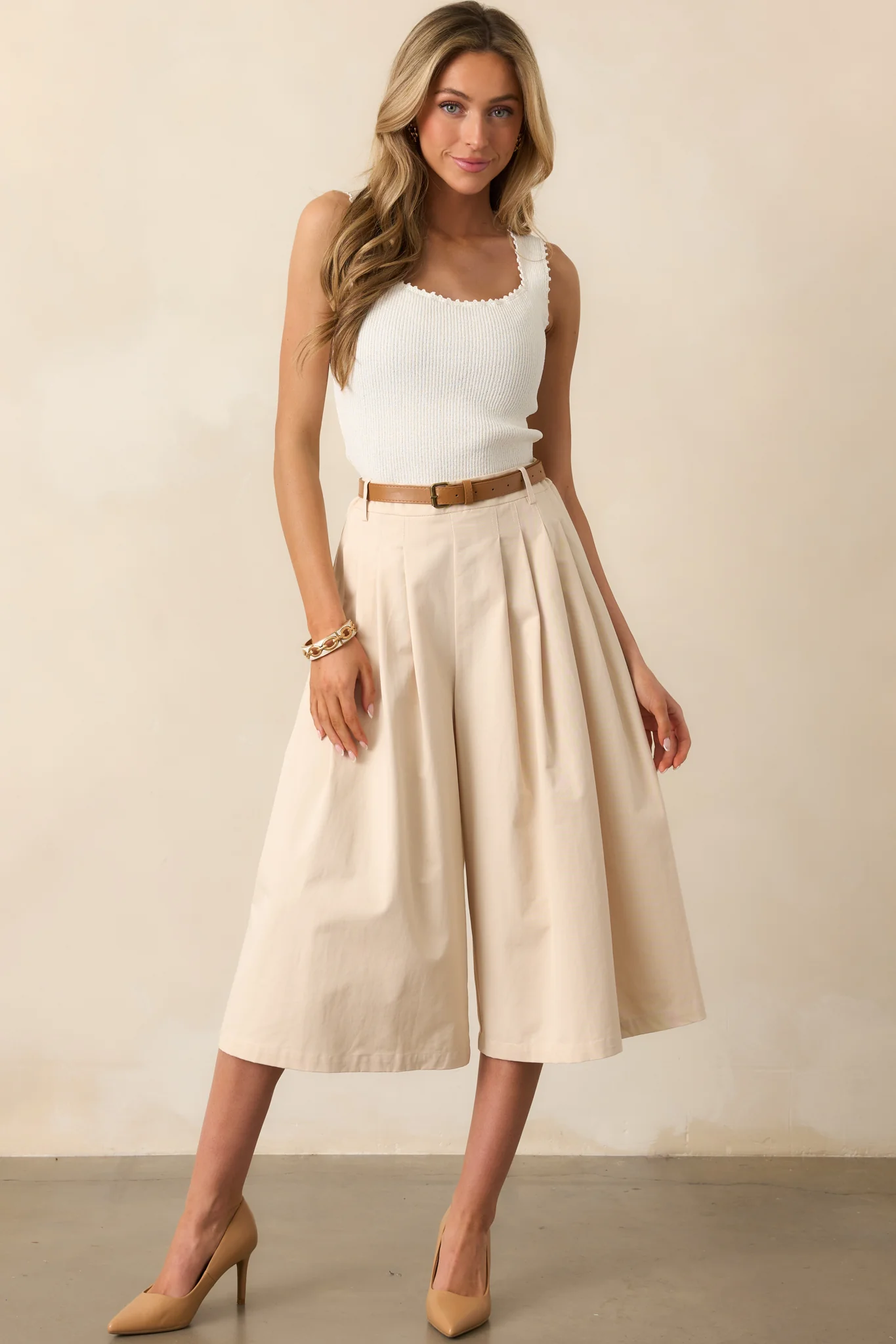 Uncharted Territory Beige Cotton Wide Leg Belted Culotte Pants