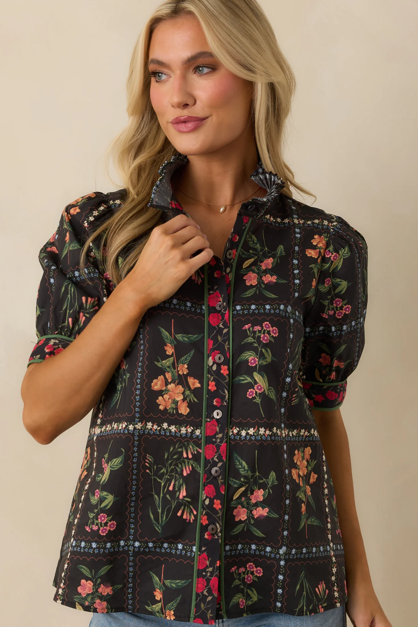 Full Of Light Black Multi Floral Print Cotton Button Up Top