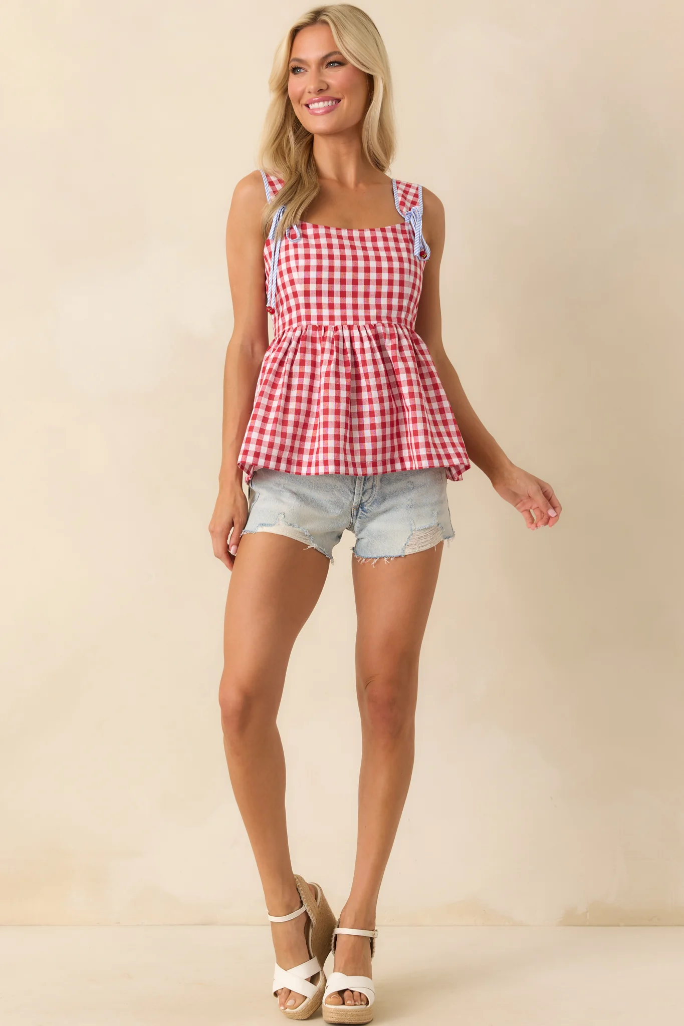 Prosperina Kacey Red Gingham Print Cotton Peplum Top