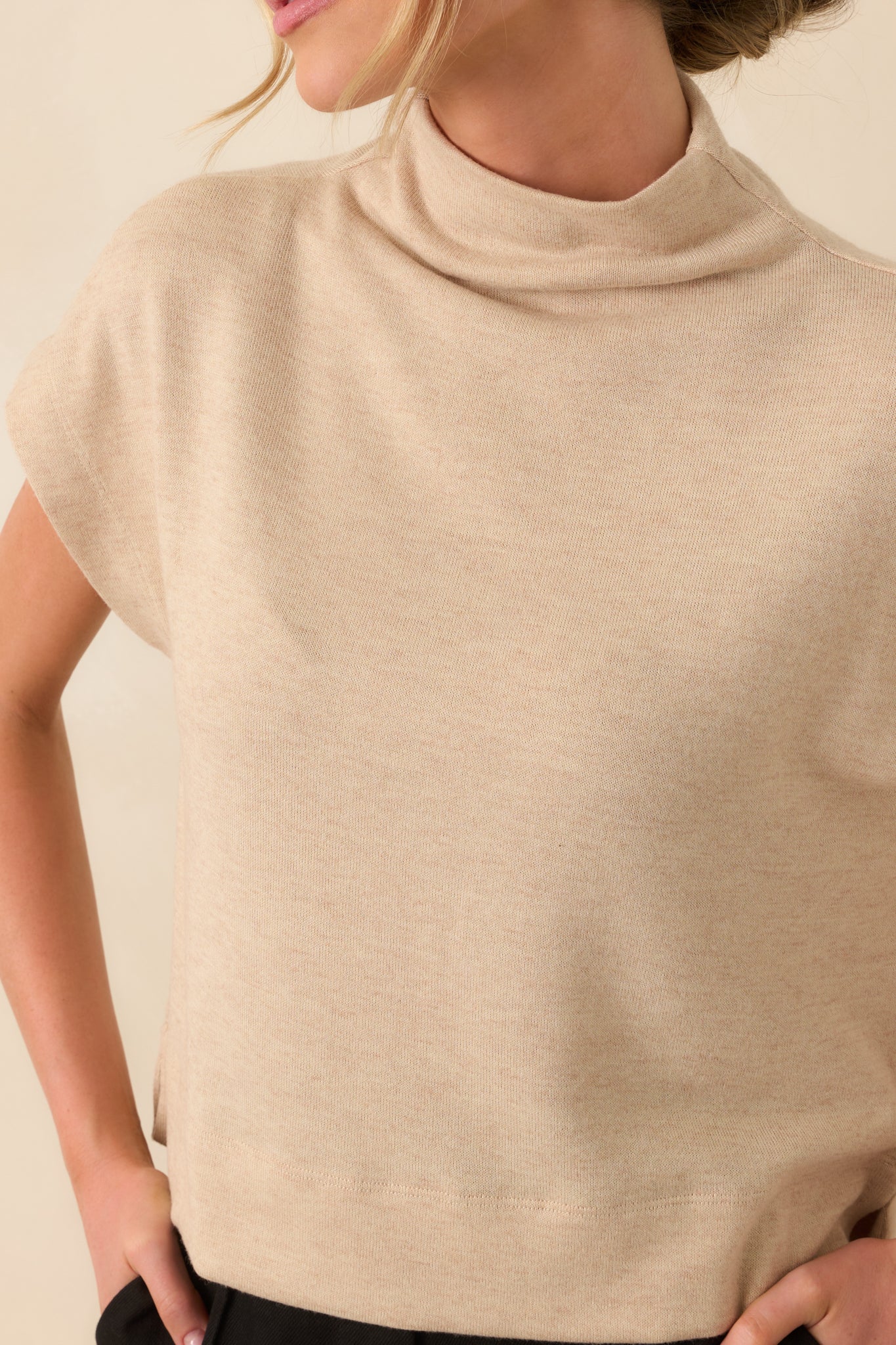 Plans Are Made Oatmeal Beige Relaxed Mock Neck Cap Sleeve Top