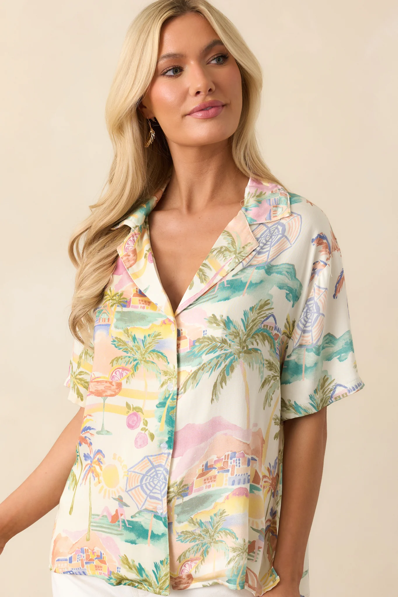 As The Sun Sets Ivory Multi Tropical Print Button Front Top