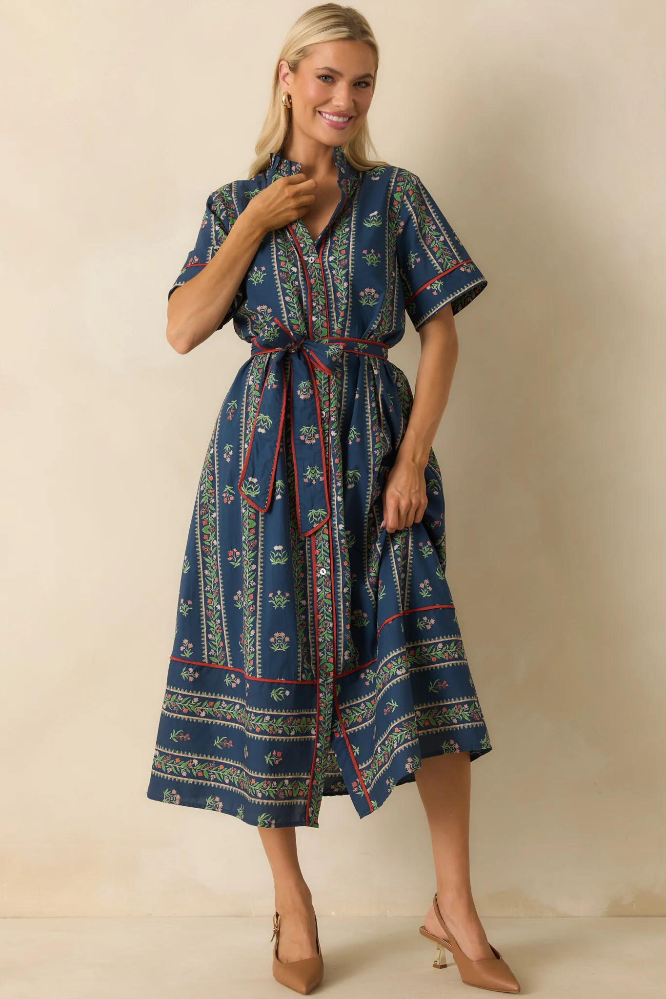 Petals In The Wind Navy Multi Floral Print Cotton Maxi Shirt Dress