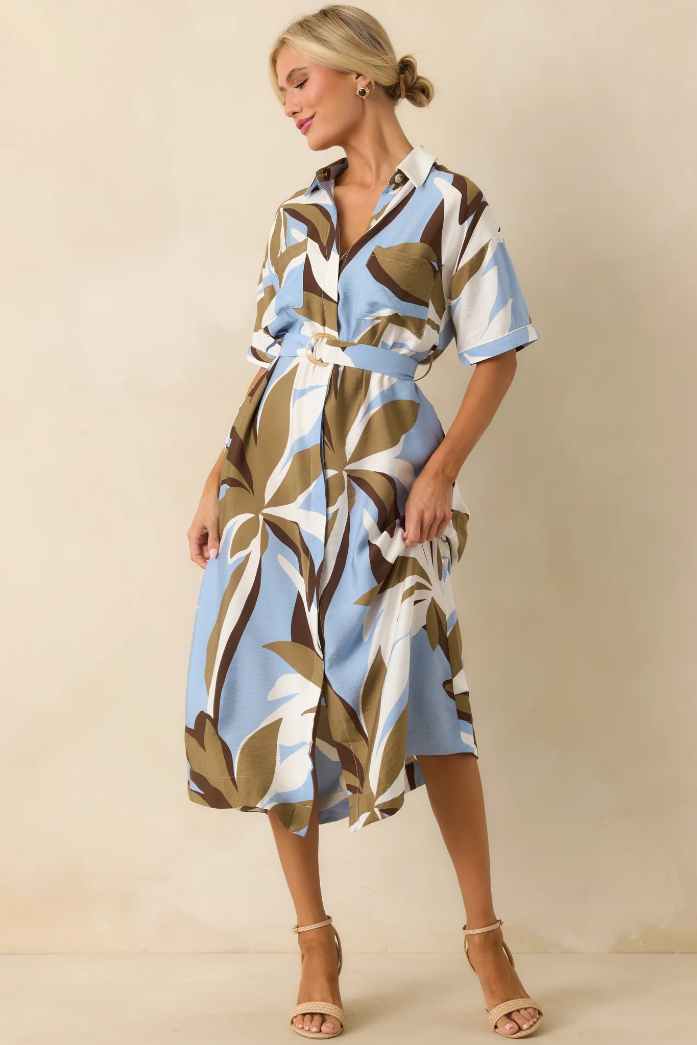 Staple The Label Blue Abstract Floral Print Maeve Midi Shirt Dress
