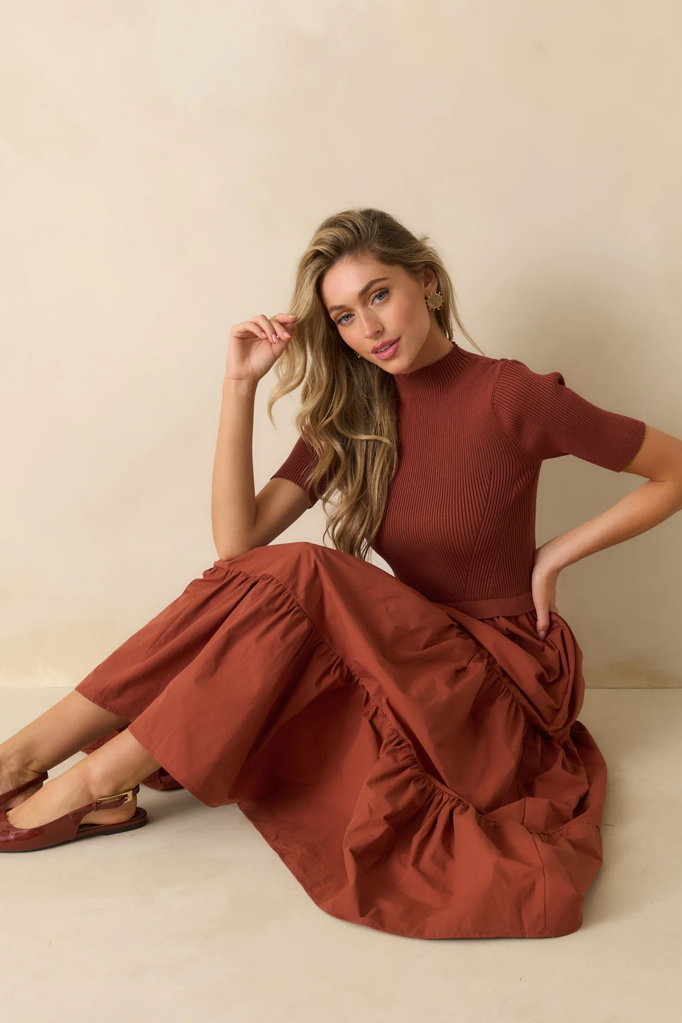 Rust Red Cotton Knit Short Sleeve Maxi Dress