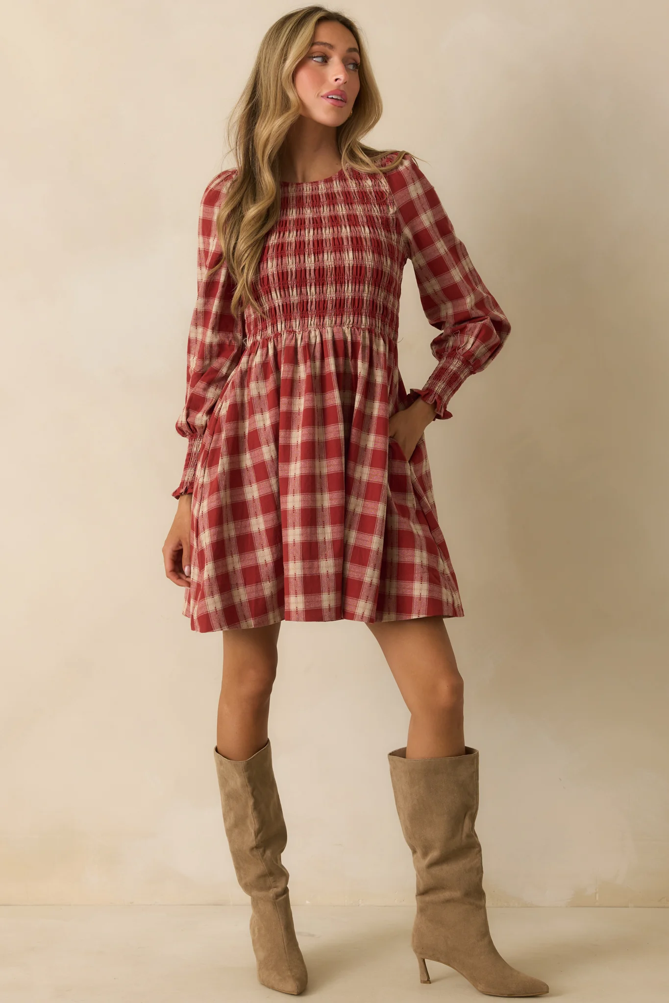 By All Means Brick Red Gingham Cotton Long Sleeve Mini Dress