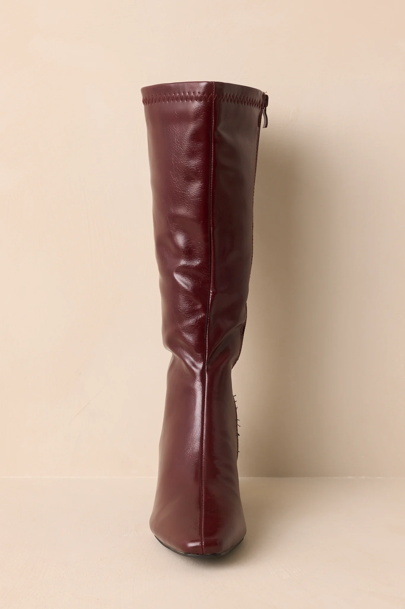 Wine Red Faux Leather Knee High Block Heel Boots