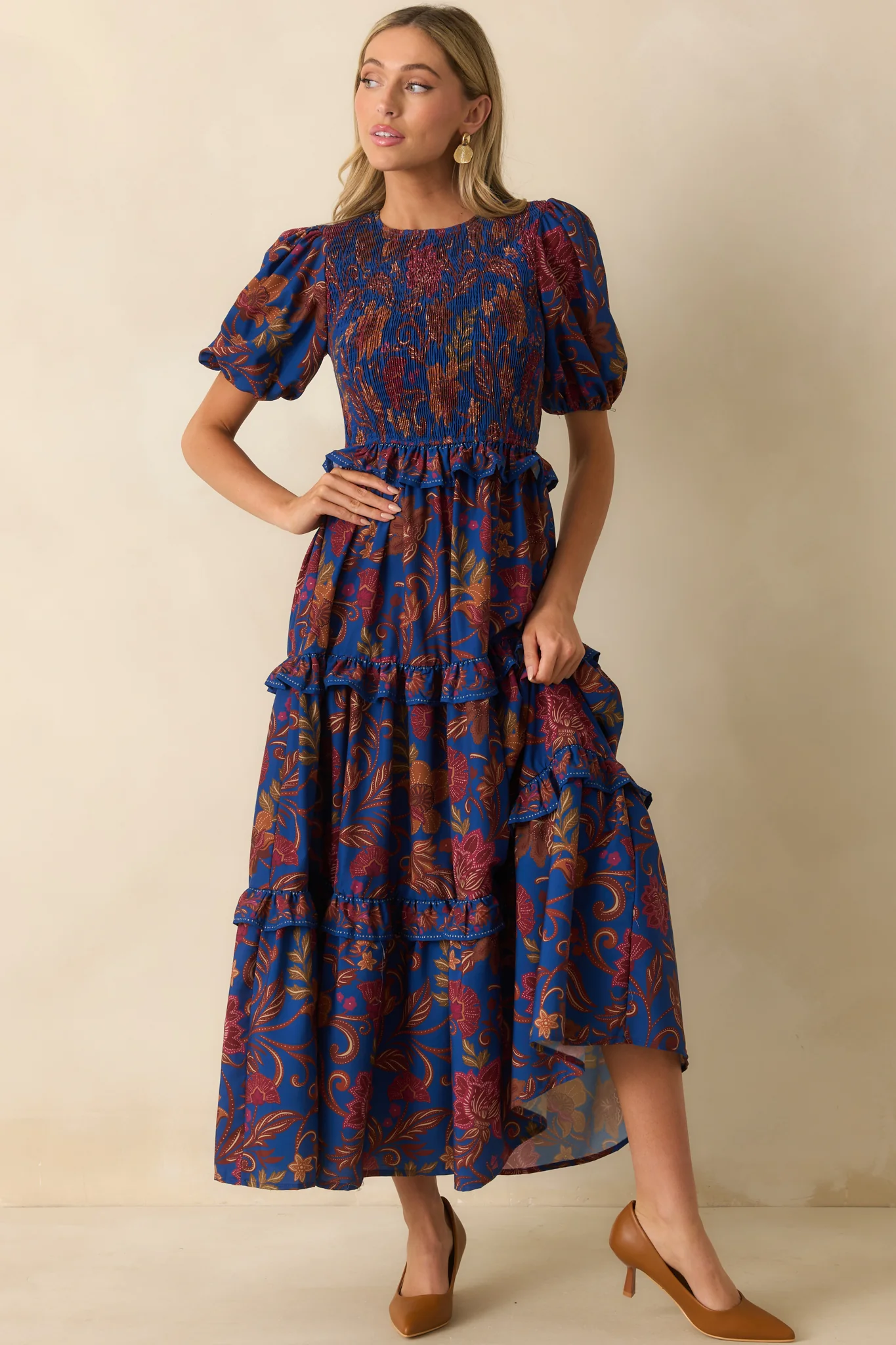 Navy Multi Floral Print Puff Sleeve Maxi Dress