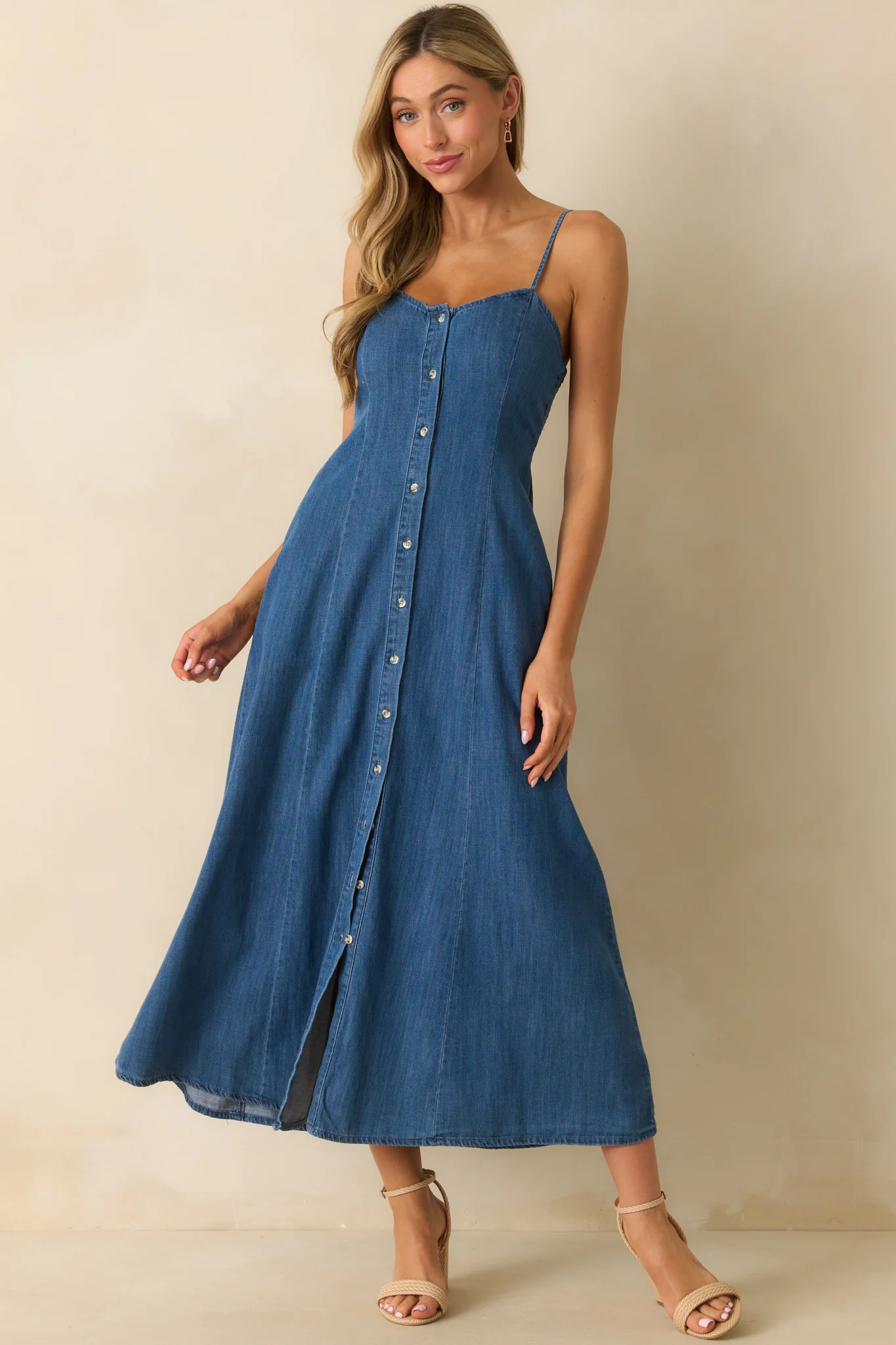 Z Supply Medium Wash Cotton Angel Eyes Denim Midi Dress