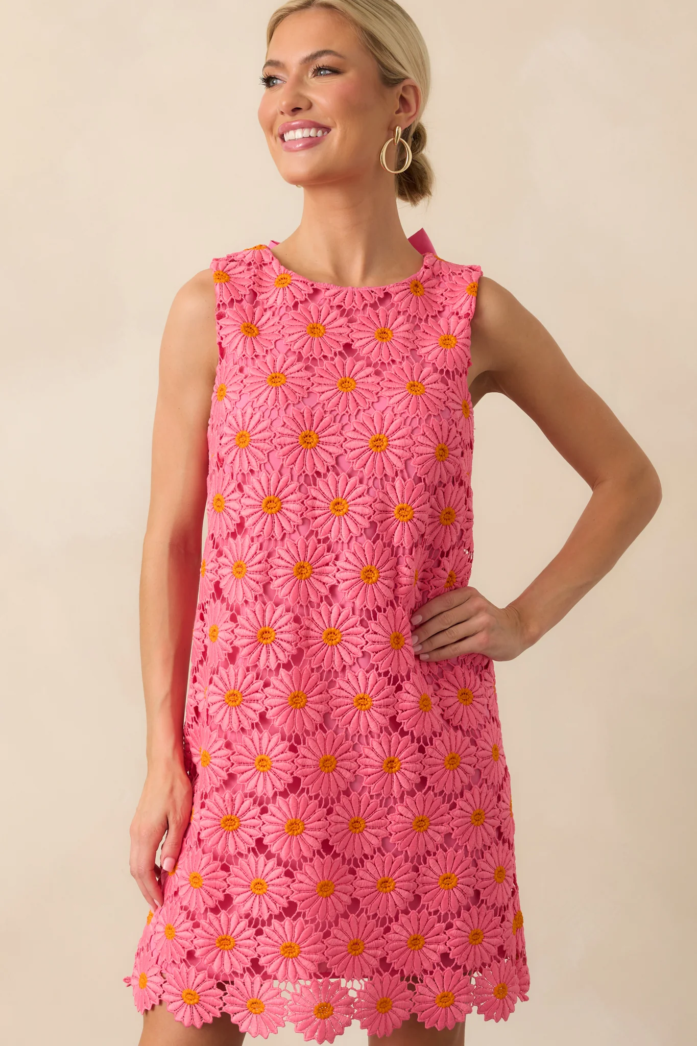 Only The Finest Hot Pink Floral Embroidered Lace Bow Back Mini Dress